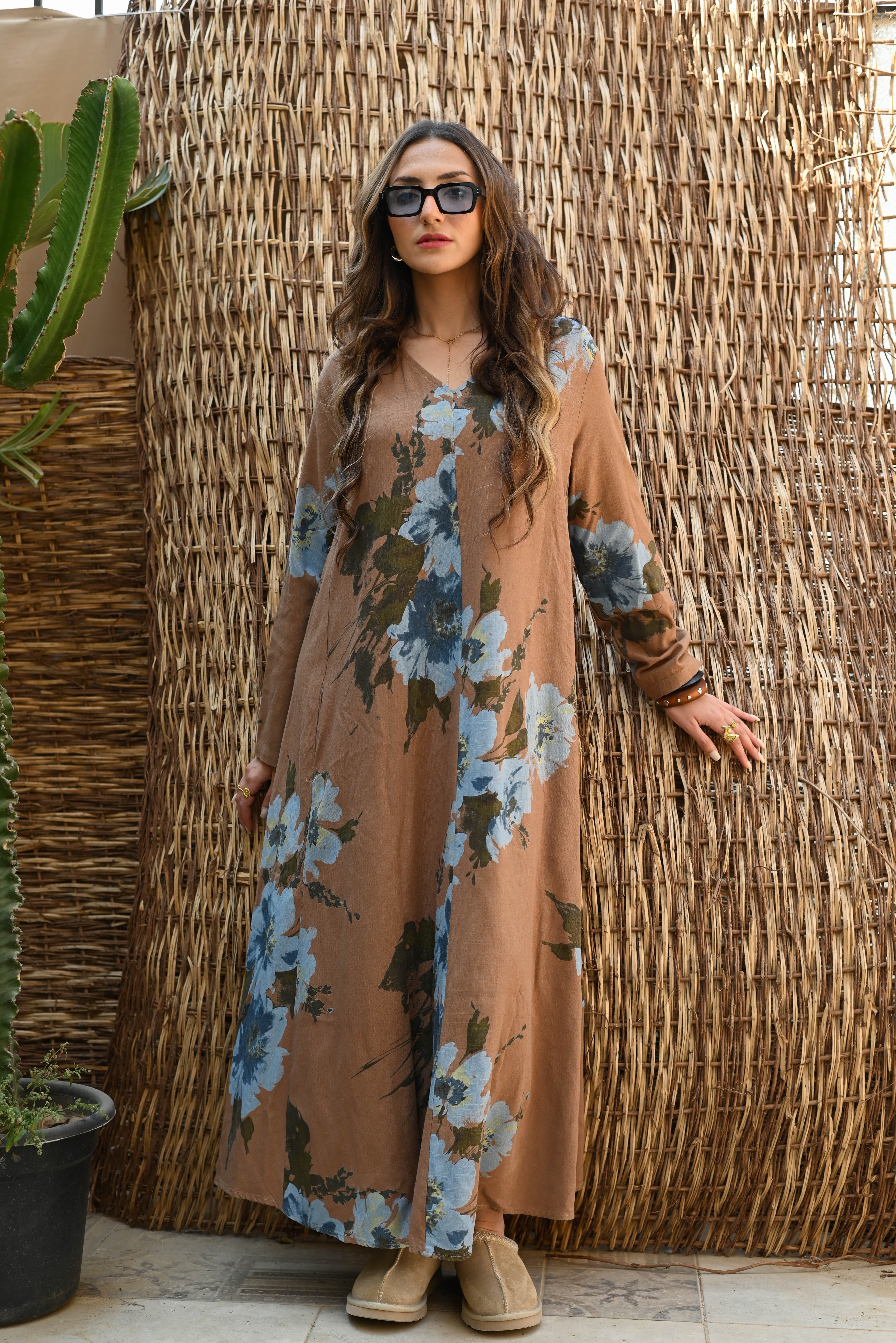 "Mocha Blossom" Floral Long-Sleeve Maxi Dress with Pockets - Camel & Blue