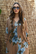 "Mocha Blossom" Floral Long-Sleeve Maxi Dress with Pockets - Camel & Blue