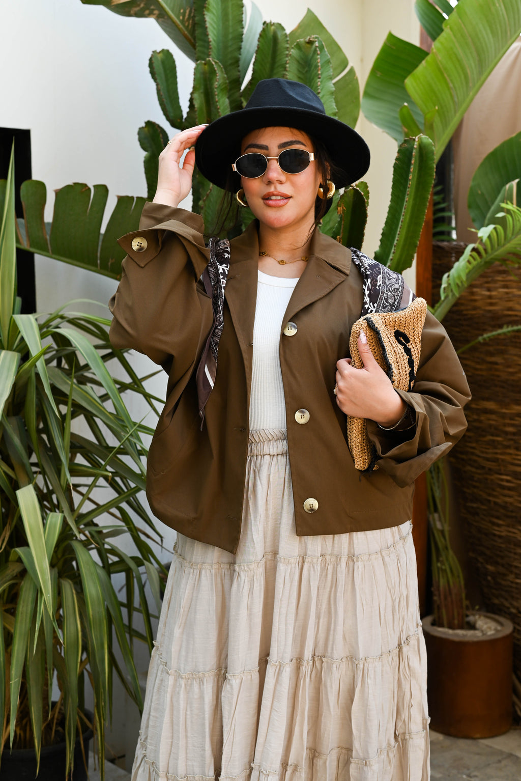 "Safari Chic" Gabardine Button-Up Shirt/Jacket - Olive Brown