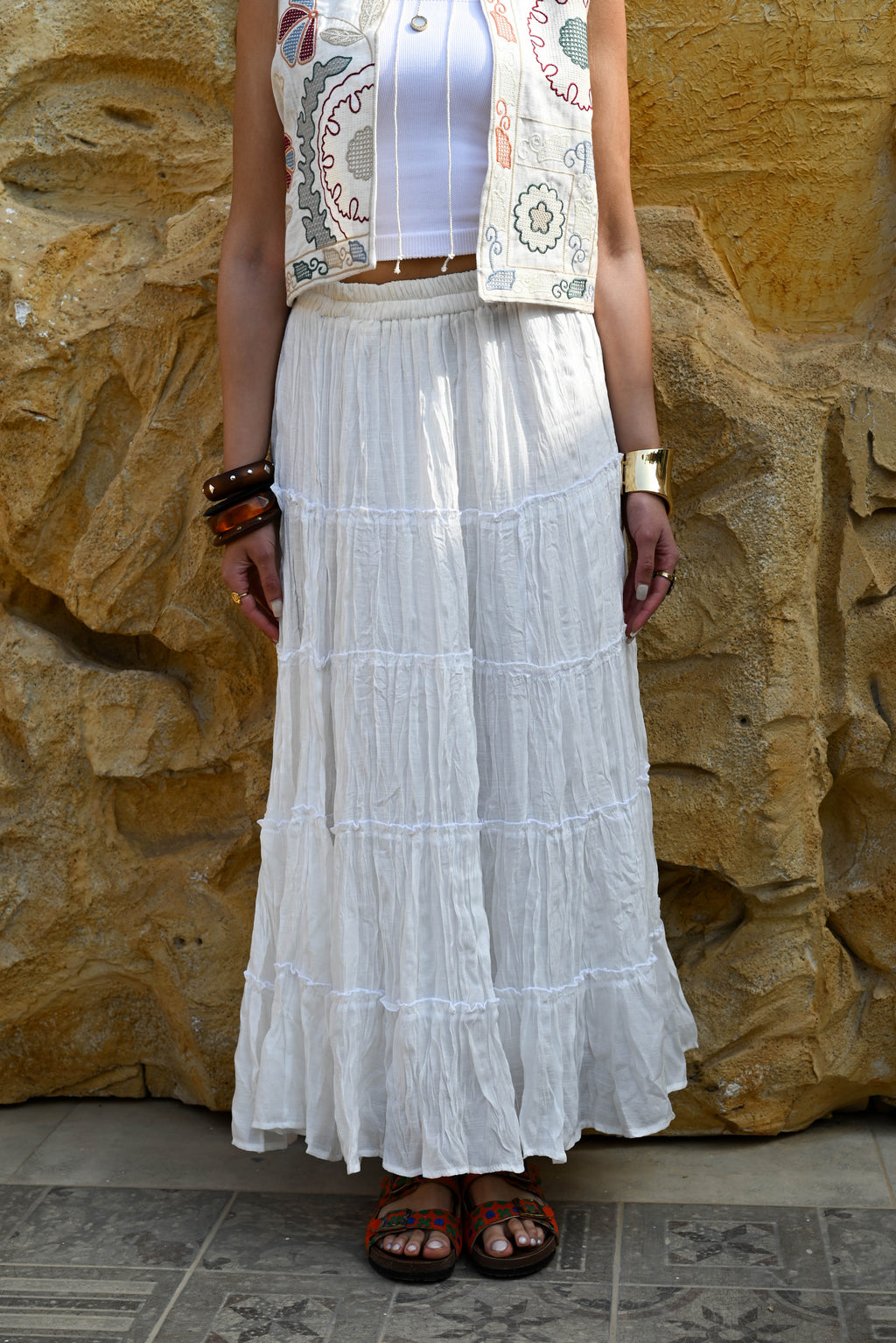 "Breeze" Crinkle Tiered Maxi Padded Skirt -  White