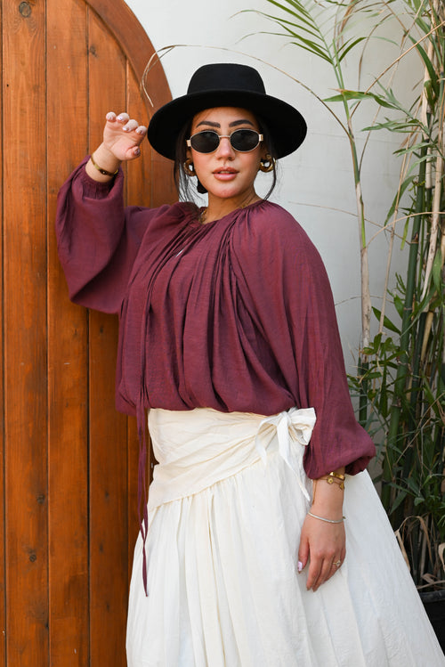 "Aura" Gathered Cotton Blouse - Rich Burgundy