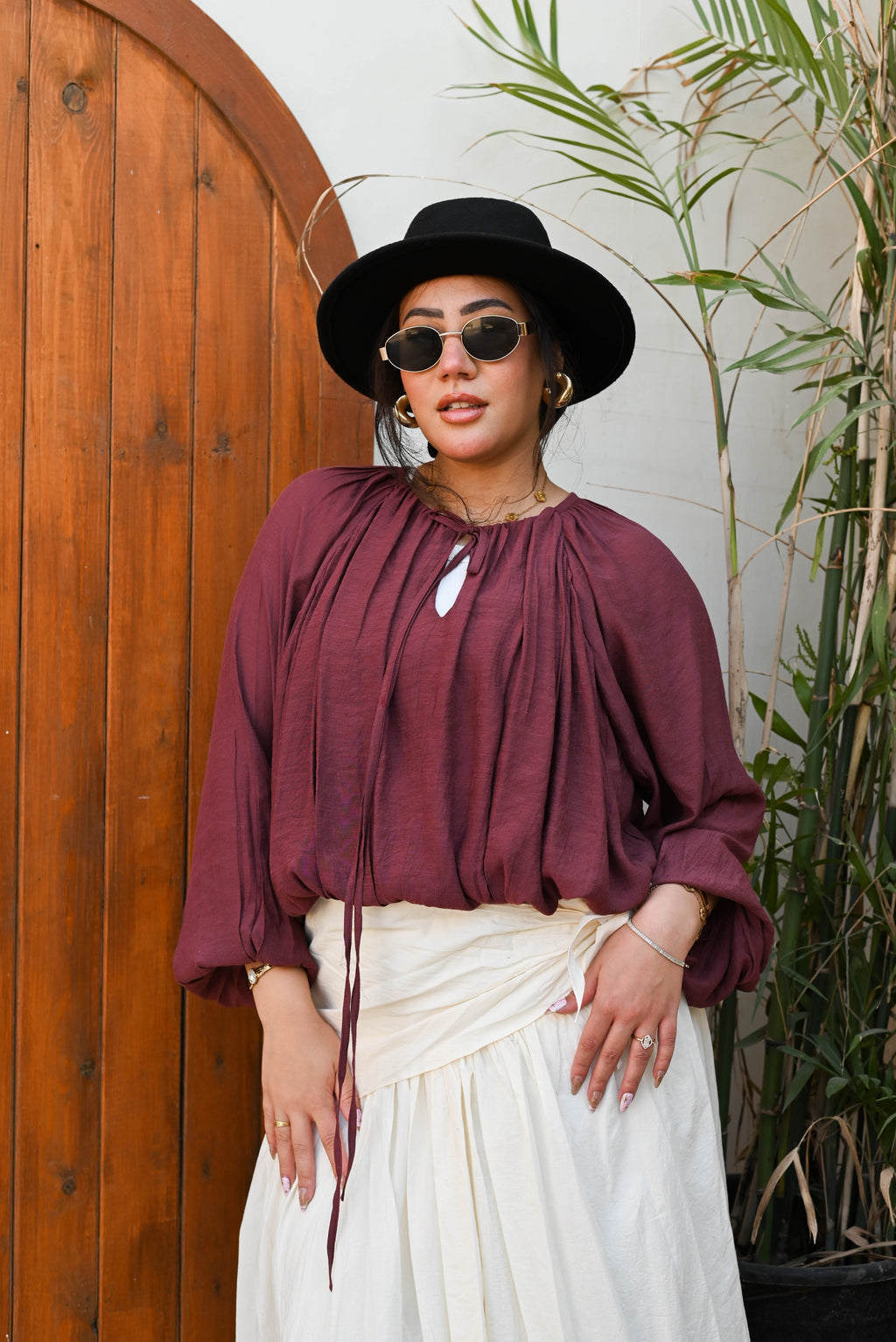 "Aura" Gathered Cotton Blouse - Rich Burgundy