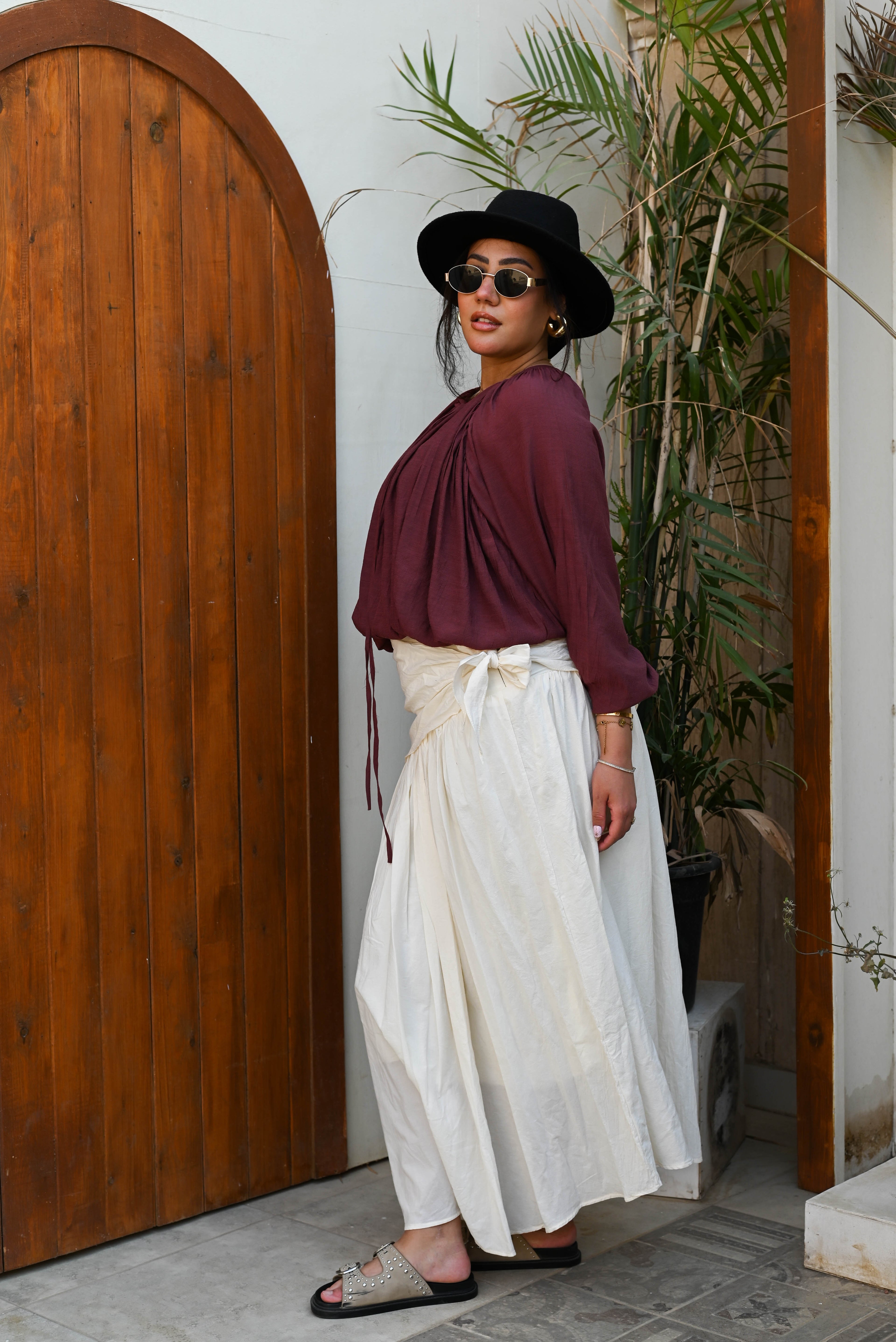 "Oasis" Wrap-Tie Flared Padded Maxi Skirt - Beige