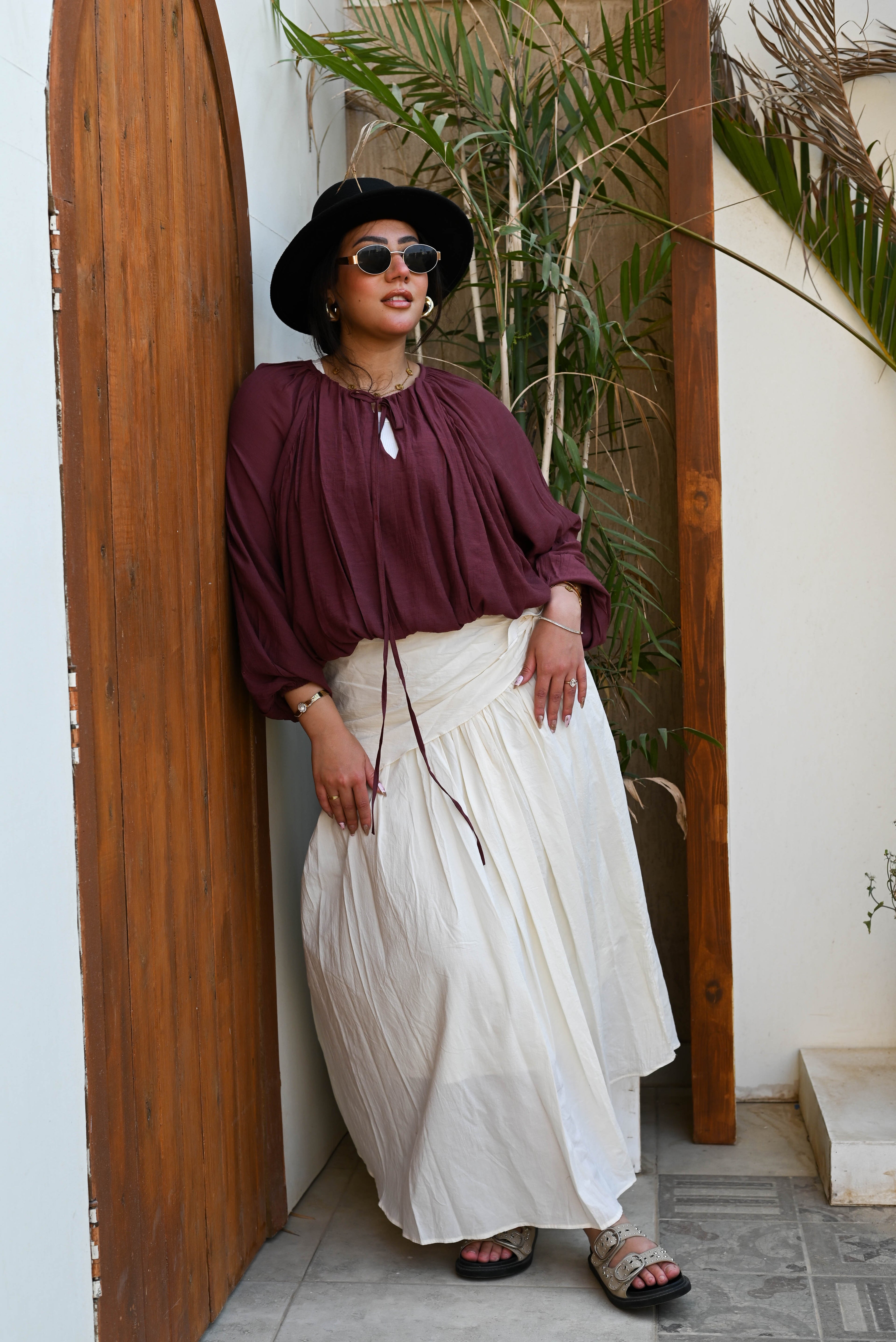 "Oasis" Wrap-Tie Flared Padded Maxi Skirt - Beige