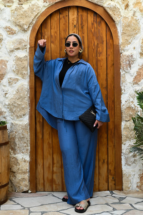 "Effortless Chic" 100% Linen Oversized Co-ord Set - Blue