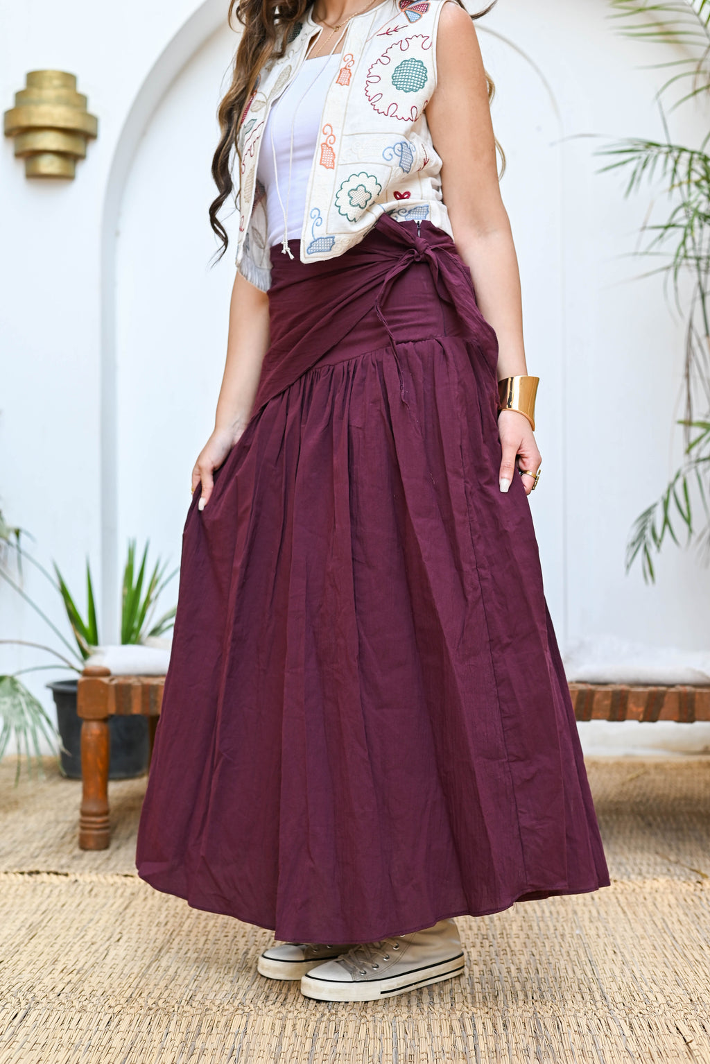 "Oasis" Wrap-Tie Flared Padded Maxi Skirt - Burgundy
