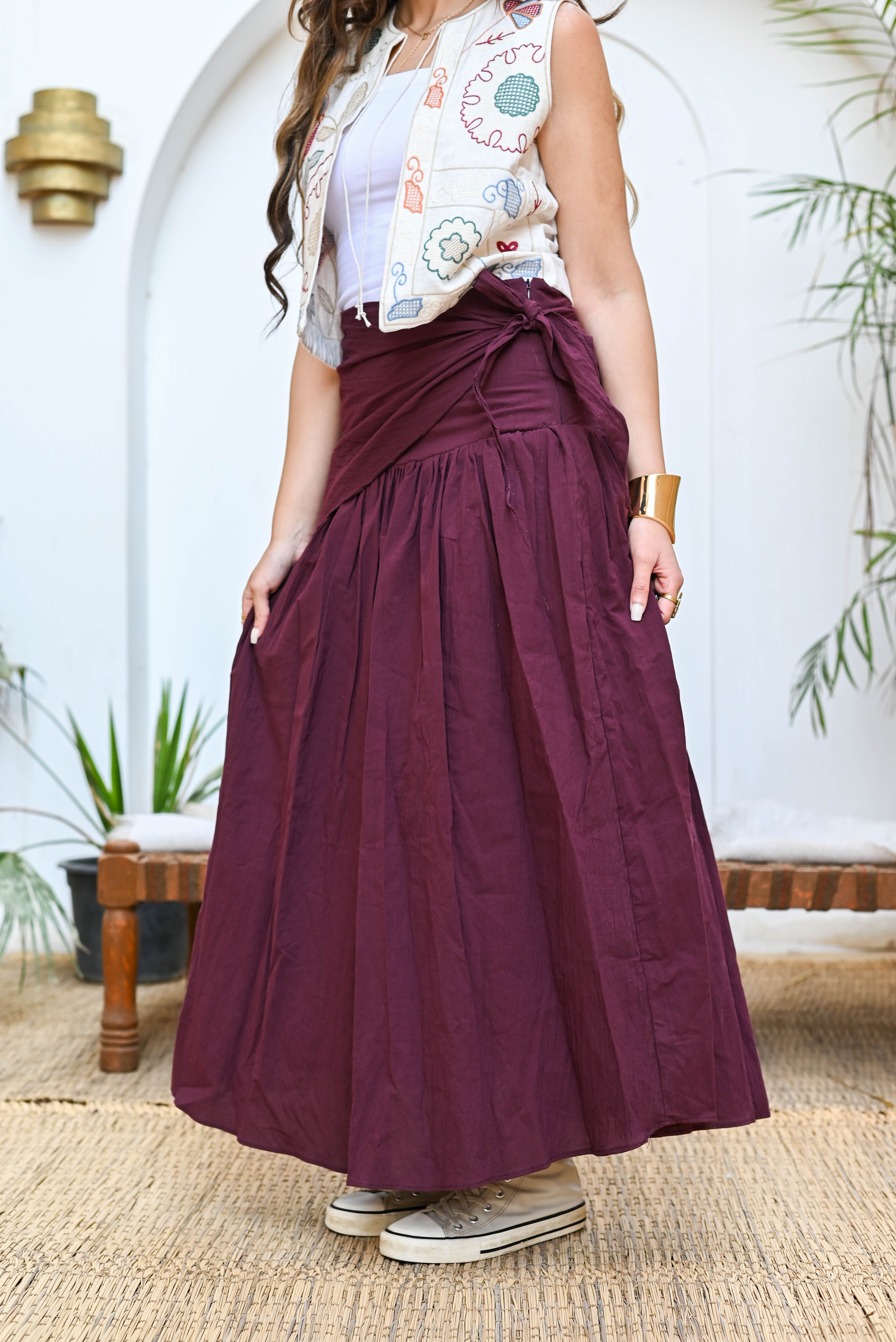 "Oasis" Wrap-Tie Flared Padded Maxi Skirt - Burgundy