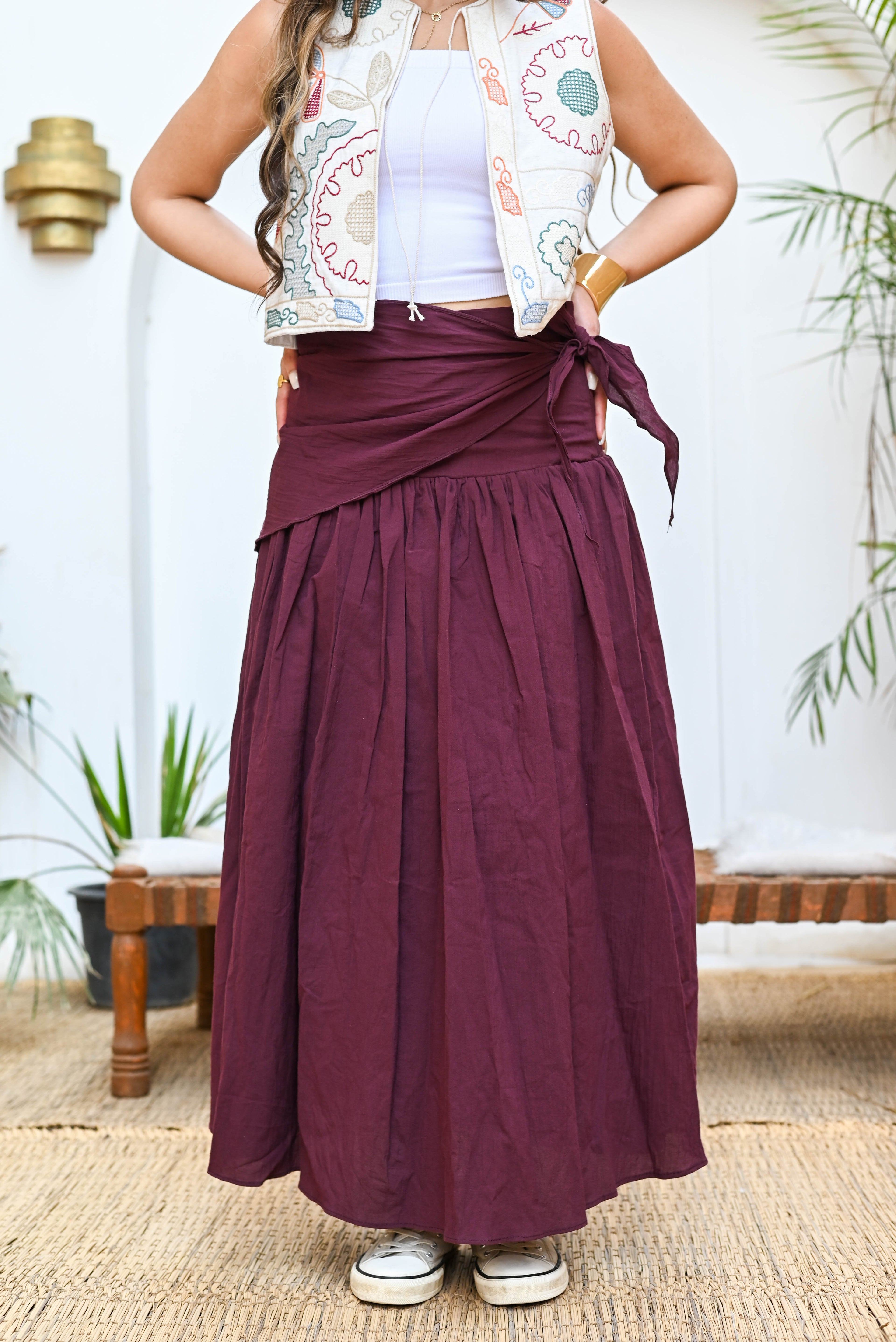 "Oasis" Wrap-Tie Flared Padded Maxi Skirt - Burgundy