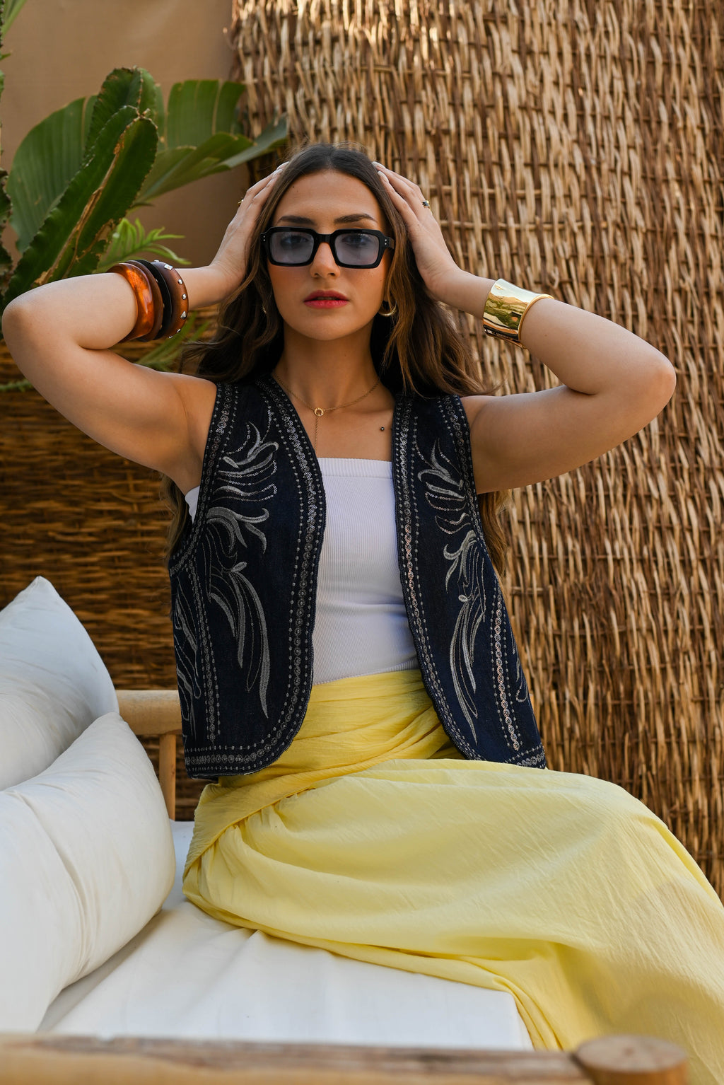 Celestial Embroidered Denim Vest — Midnight Indigo