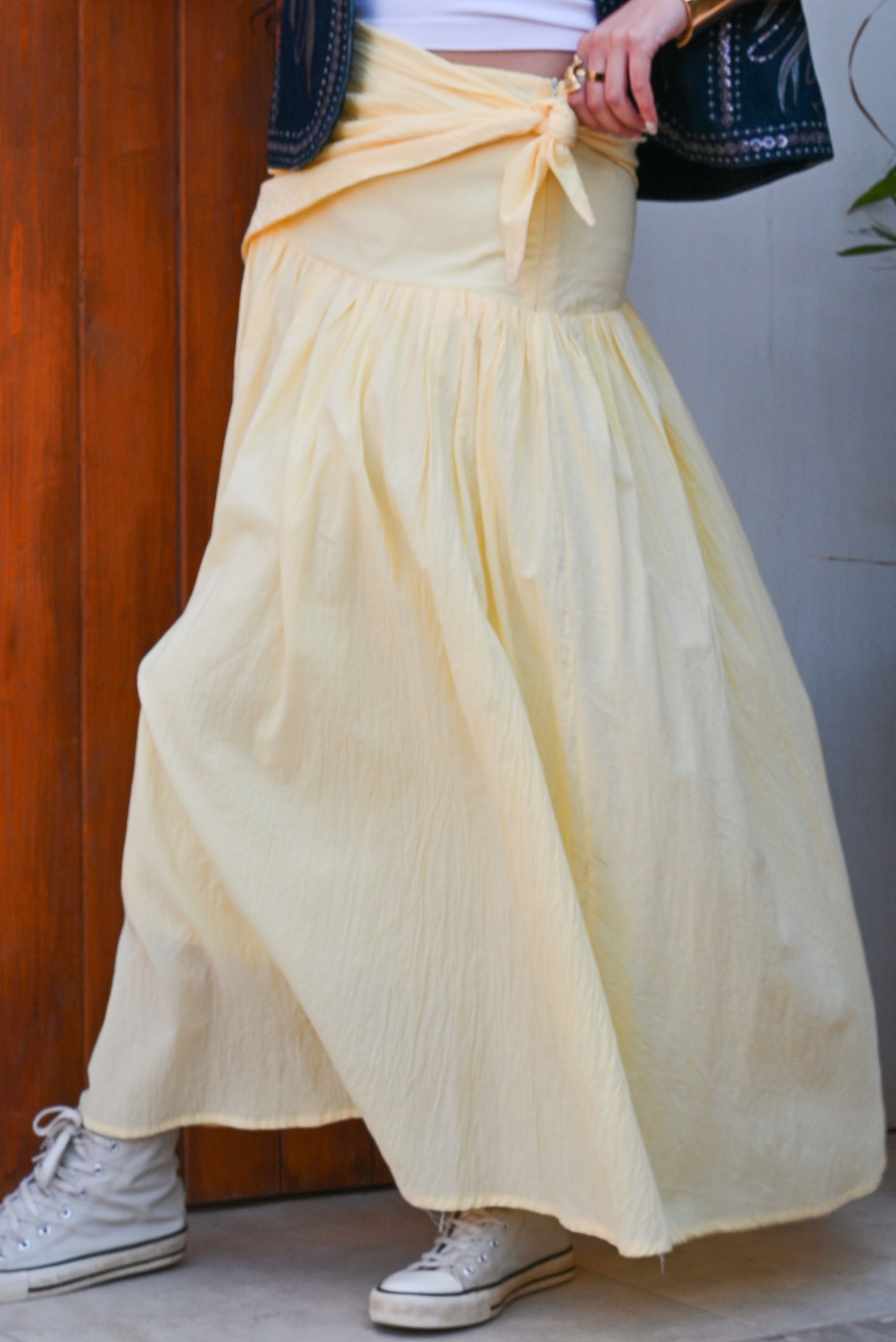 "Oasis" Wrap-Tie Flared Padded Maxi Skirt - Yellow