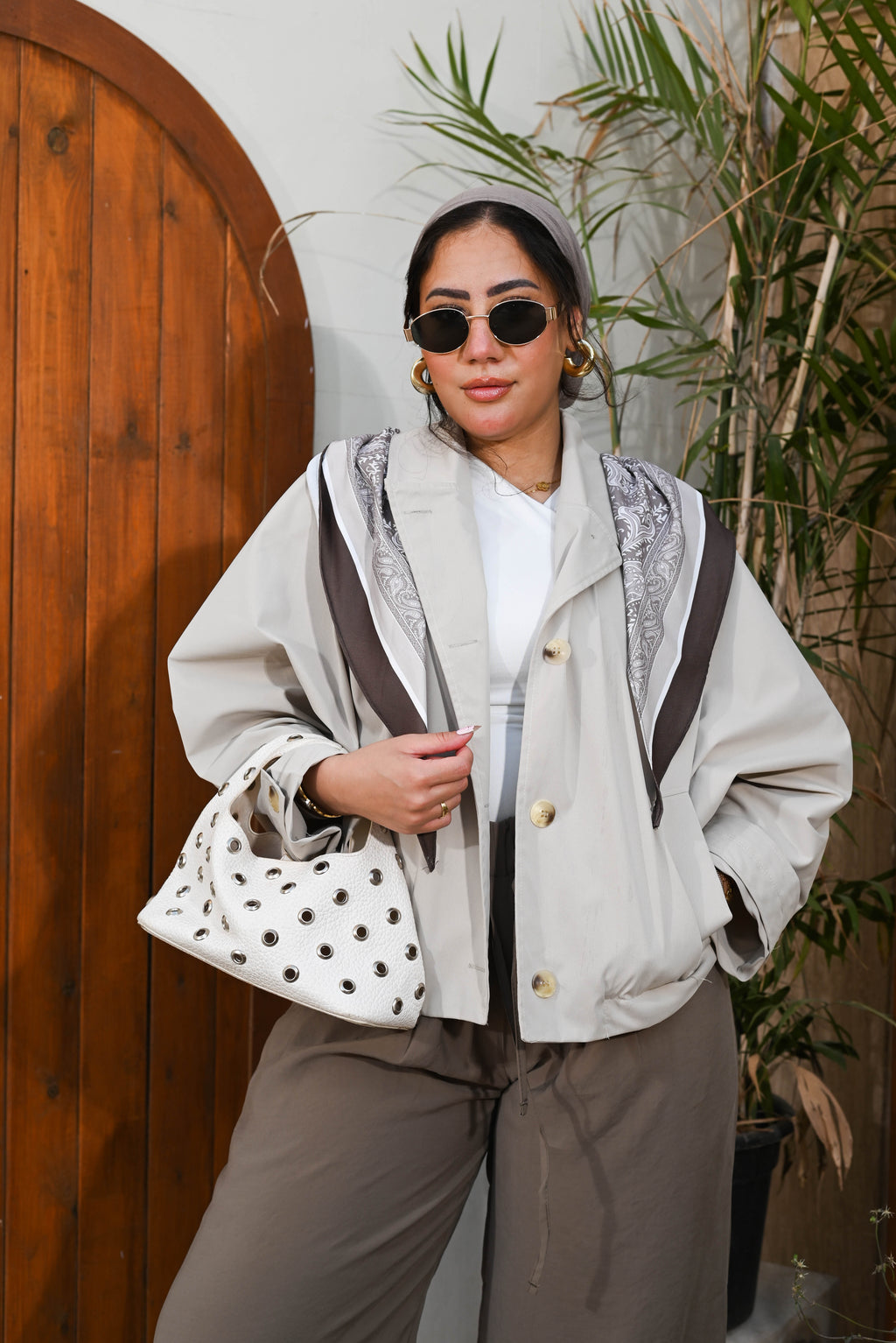"Safari Chic" Gabardine Button-Up Shirt/Jacket - Beige