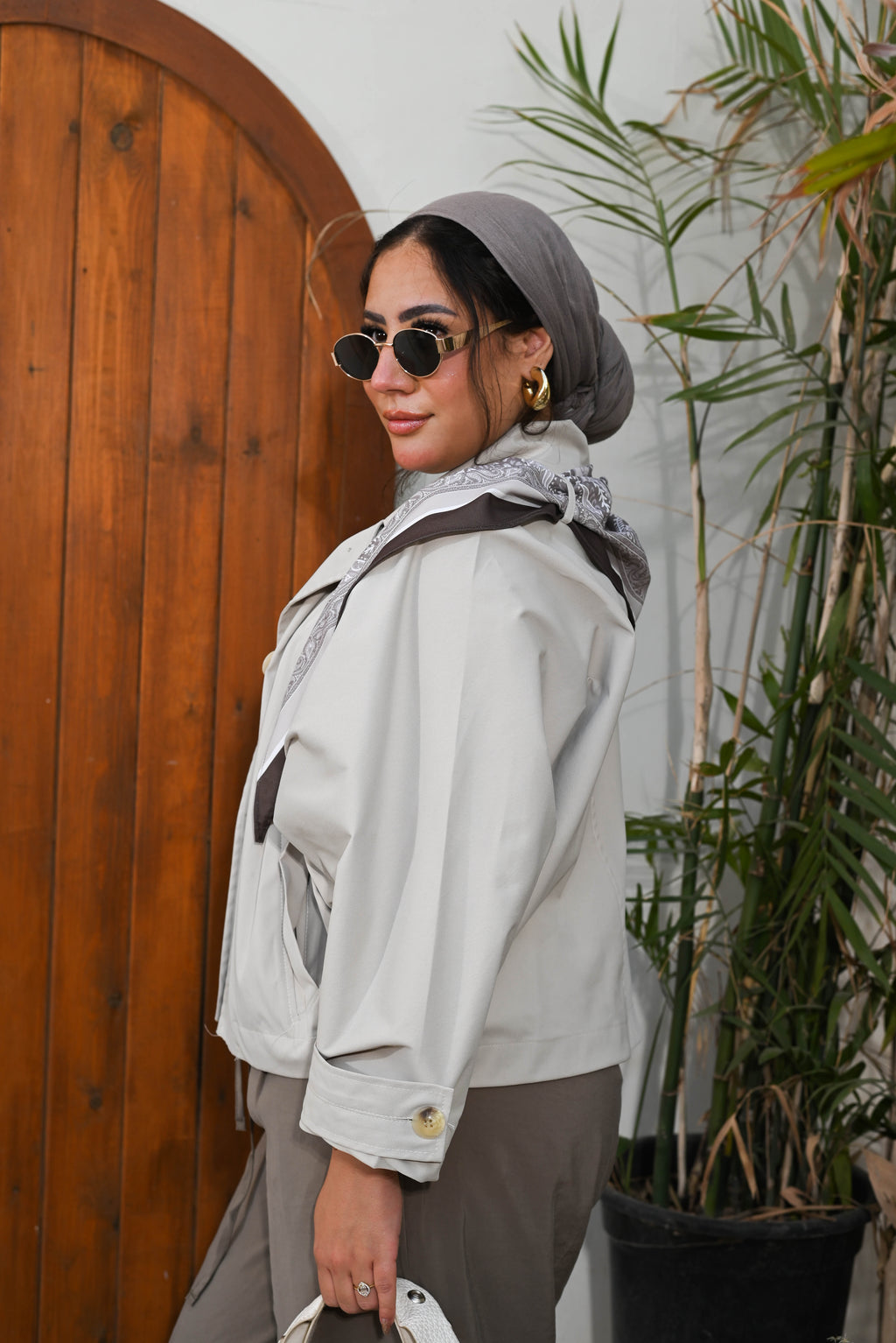 "Safari Chic" Gabardine Button-Up Shirt/Jacket - Beige