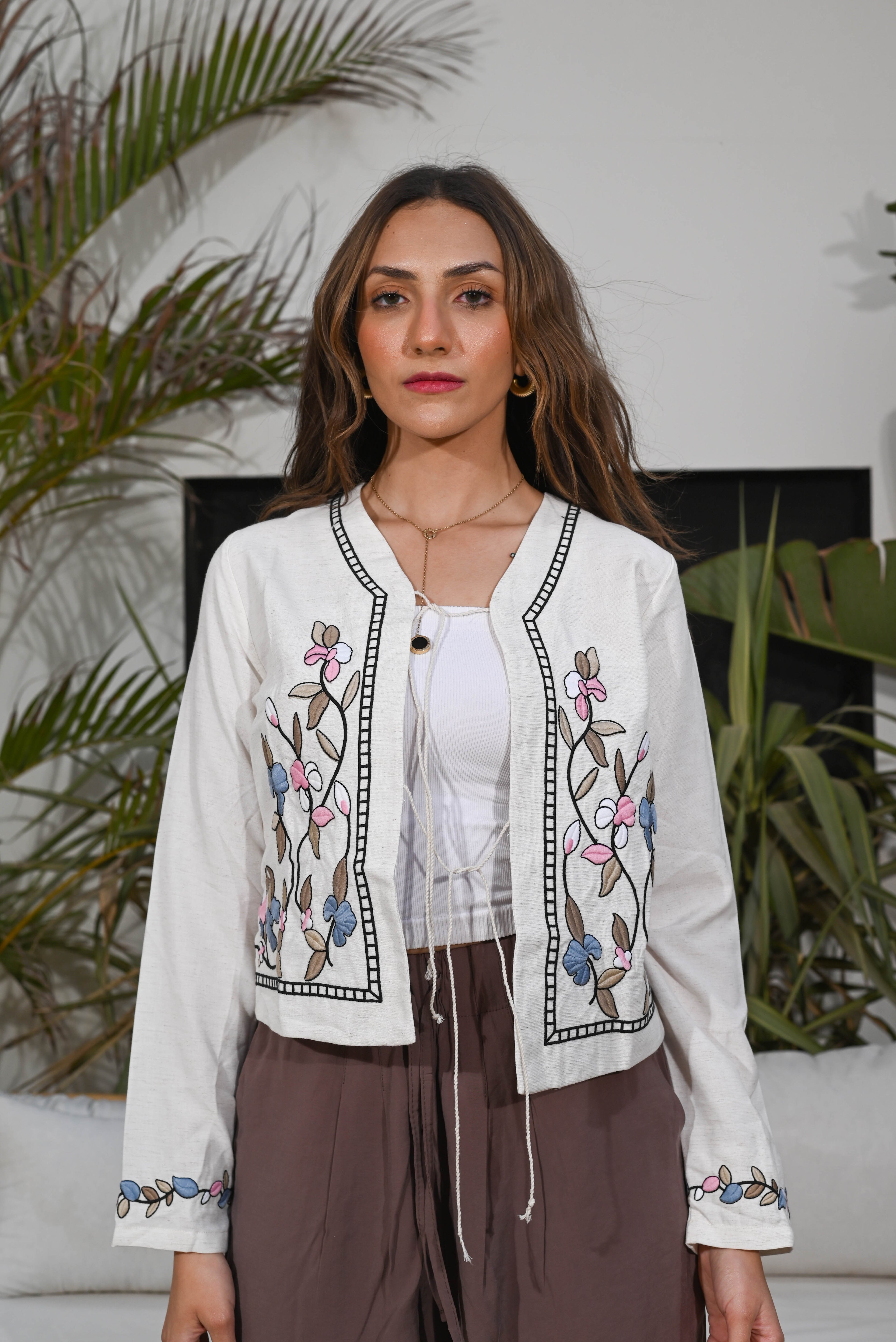 Zahra Embroidered Linen Jacket — Cream
