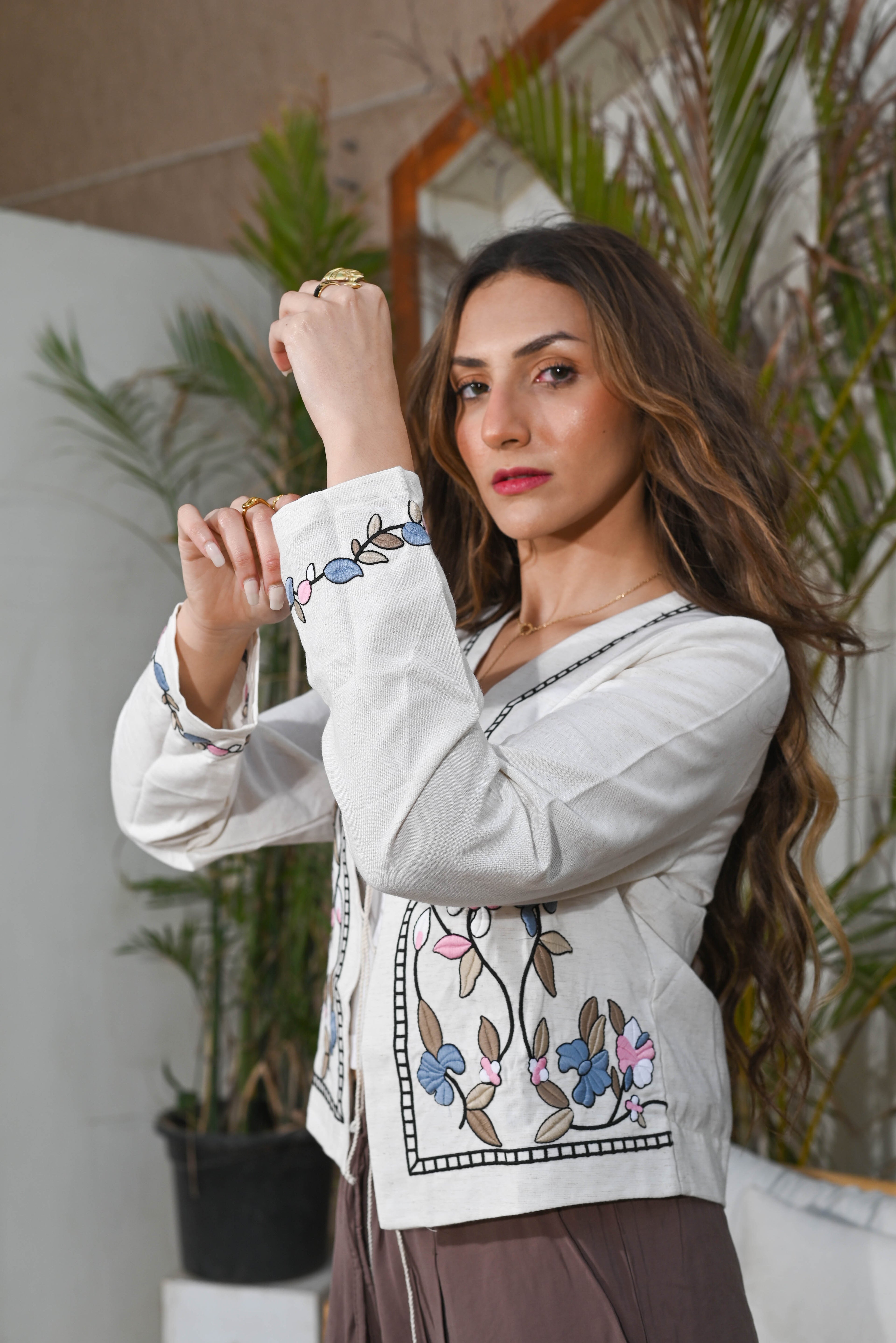 Zahra Embroidered Linen Jacket — Cream