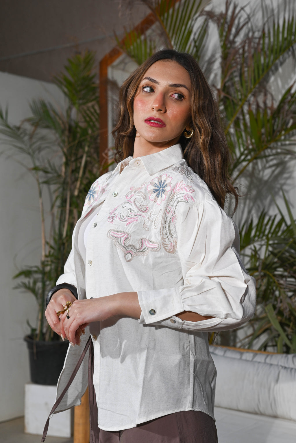 Amara Embroidered Linen-Blend Shirt — Off-White