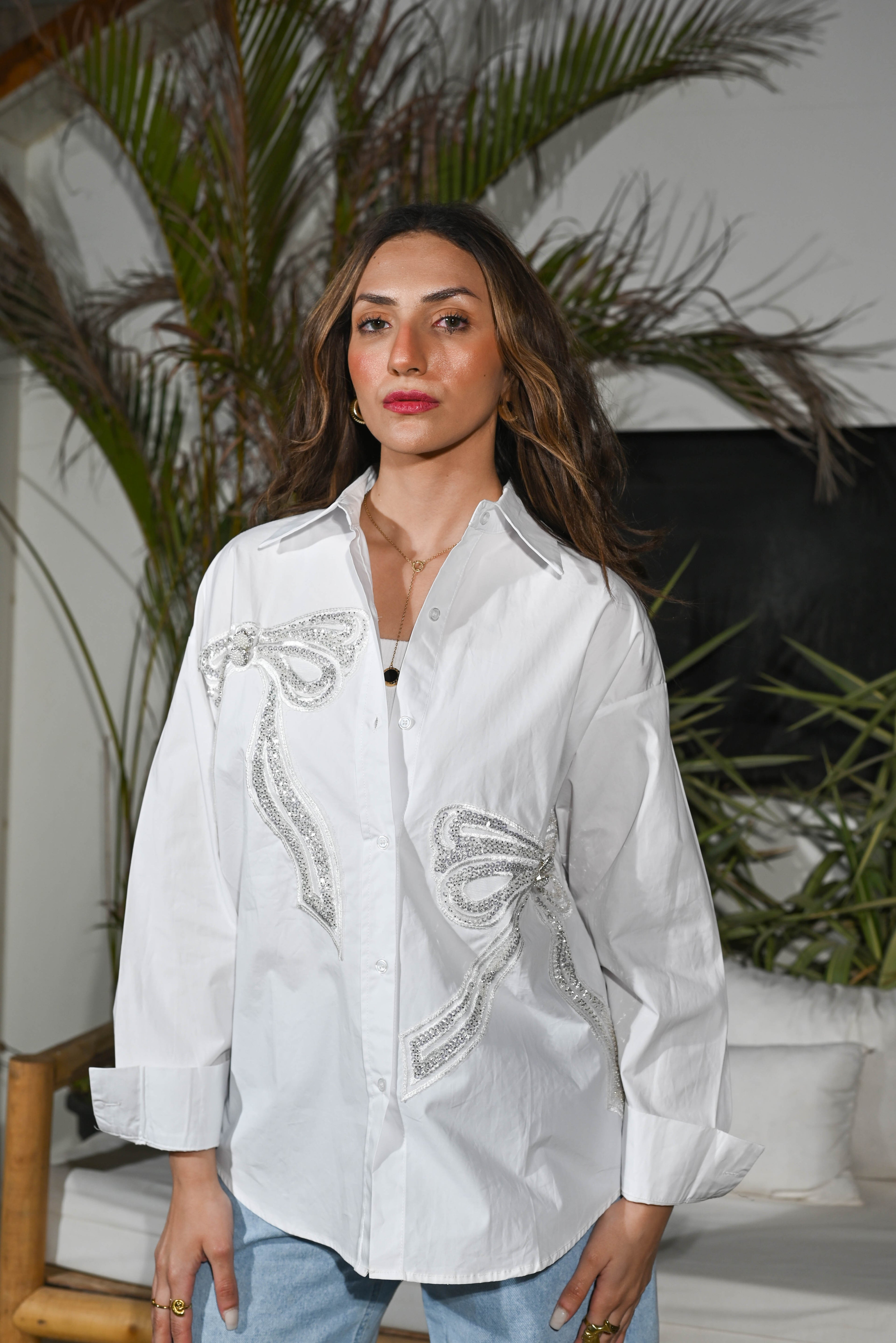 Lumina Oversized Bow Shirt — Crisp White