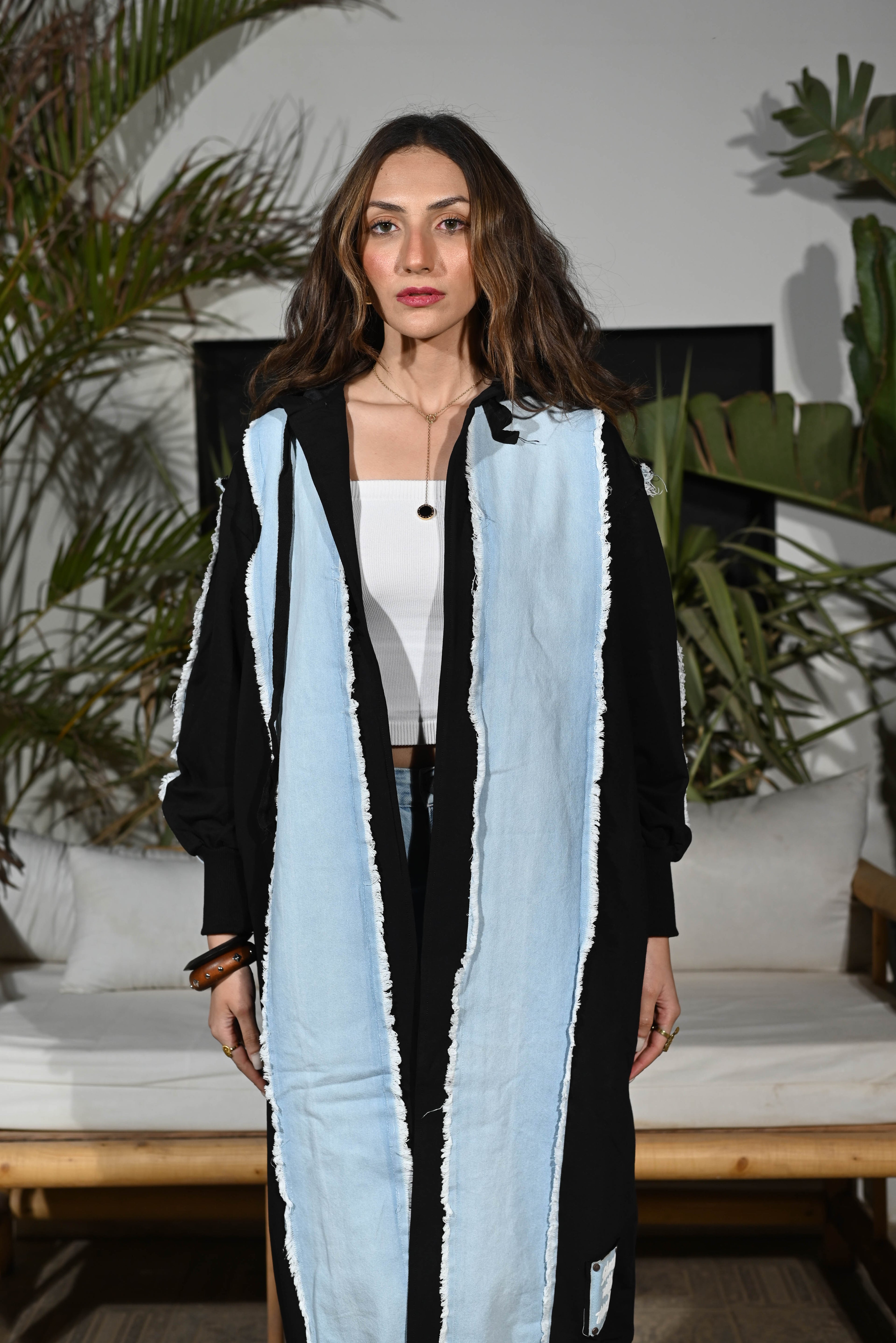 Luna Longline - Oversized Hooded Cardigan — Mixed Textures - Black