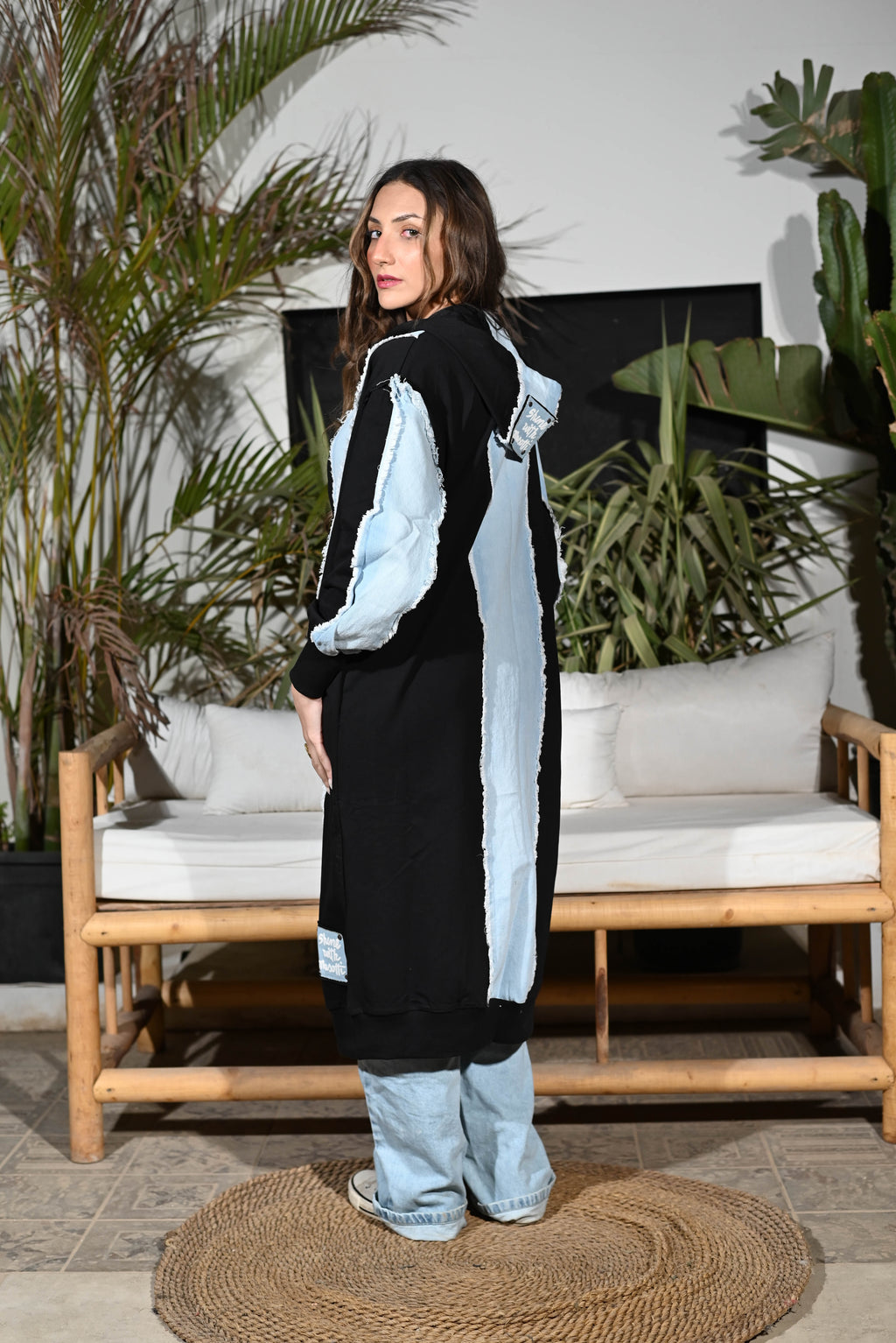 Luna Longline - Oversized Hooded Cardigan — Mixed Textures - Black