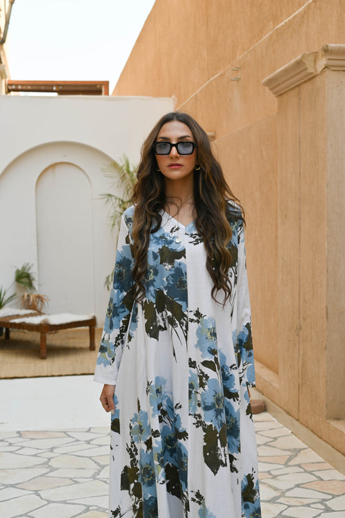 "Azure Blossom" Floral Long-Sleeve Maxi Dress - White & Blue