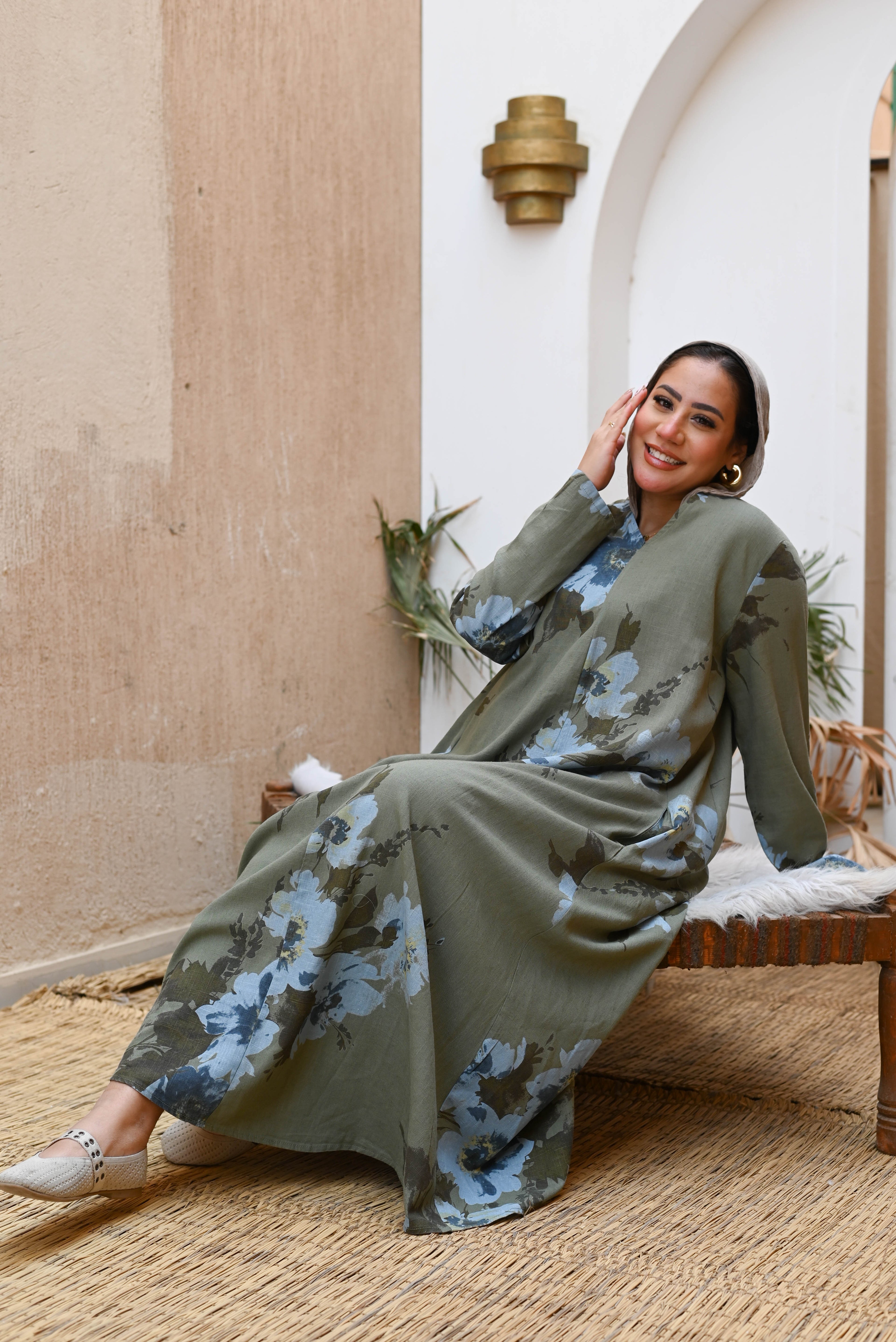 "Sage Blossom" Floral Long-Sleeve Maxi Dress with Pockets - Olive Green