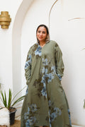 "Sage Blossom" Floral Long-Sleeve Maxi Dress with Pockets - Olive Green