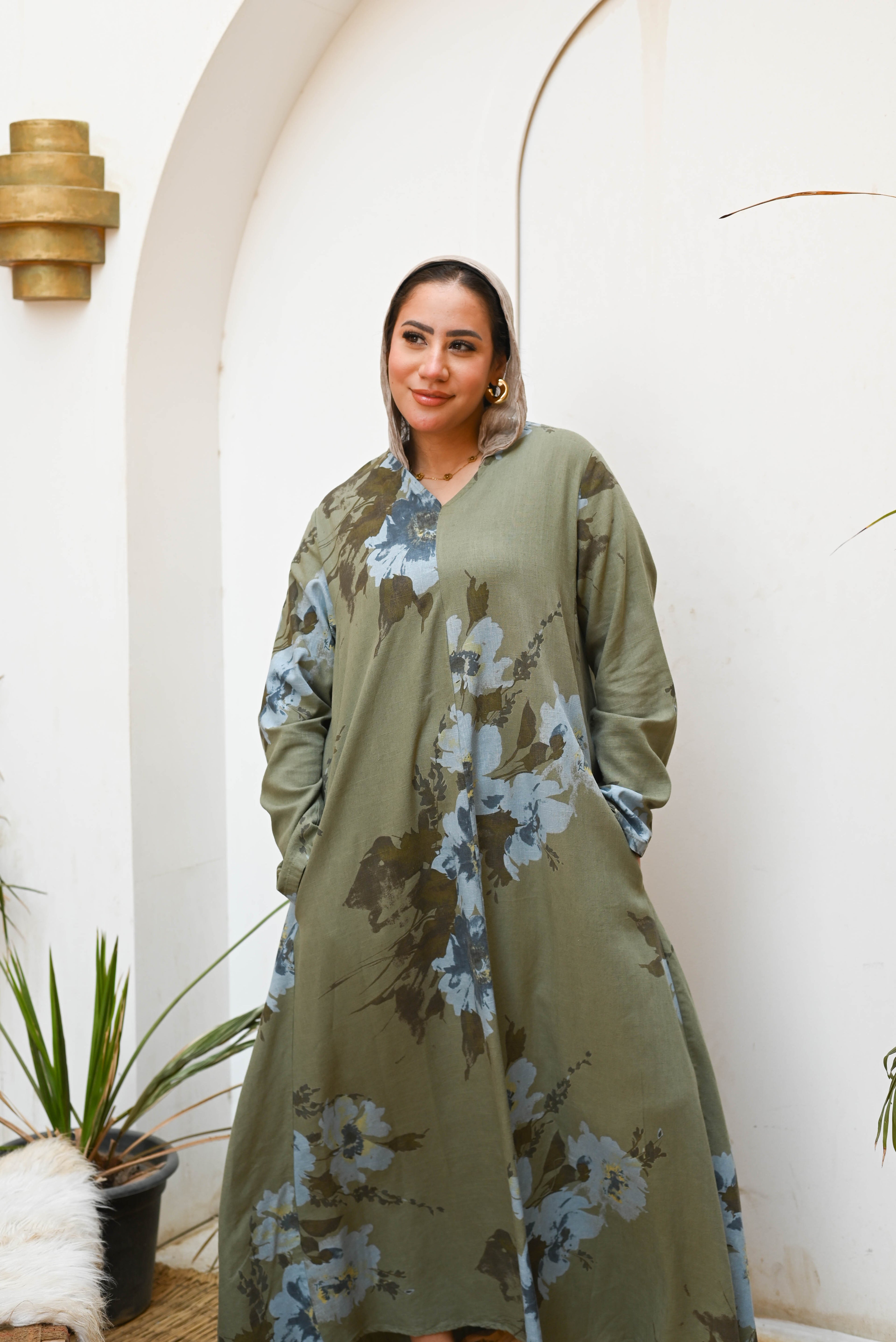 "Sage Blossom" Floral Long-Sleeve Maxi Dress with Pockets - Olive Green