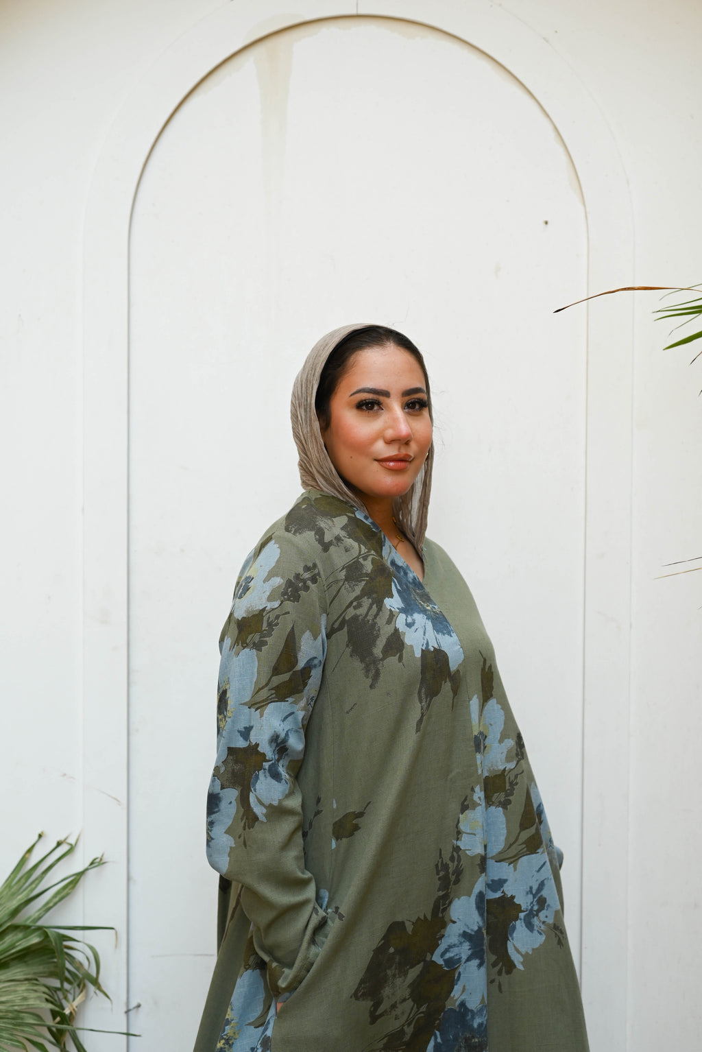"Sage Blossom" Floral Long-Sleeve Maxi Dress with Pockets - Olive Green
