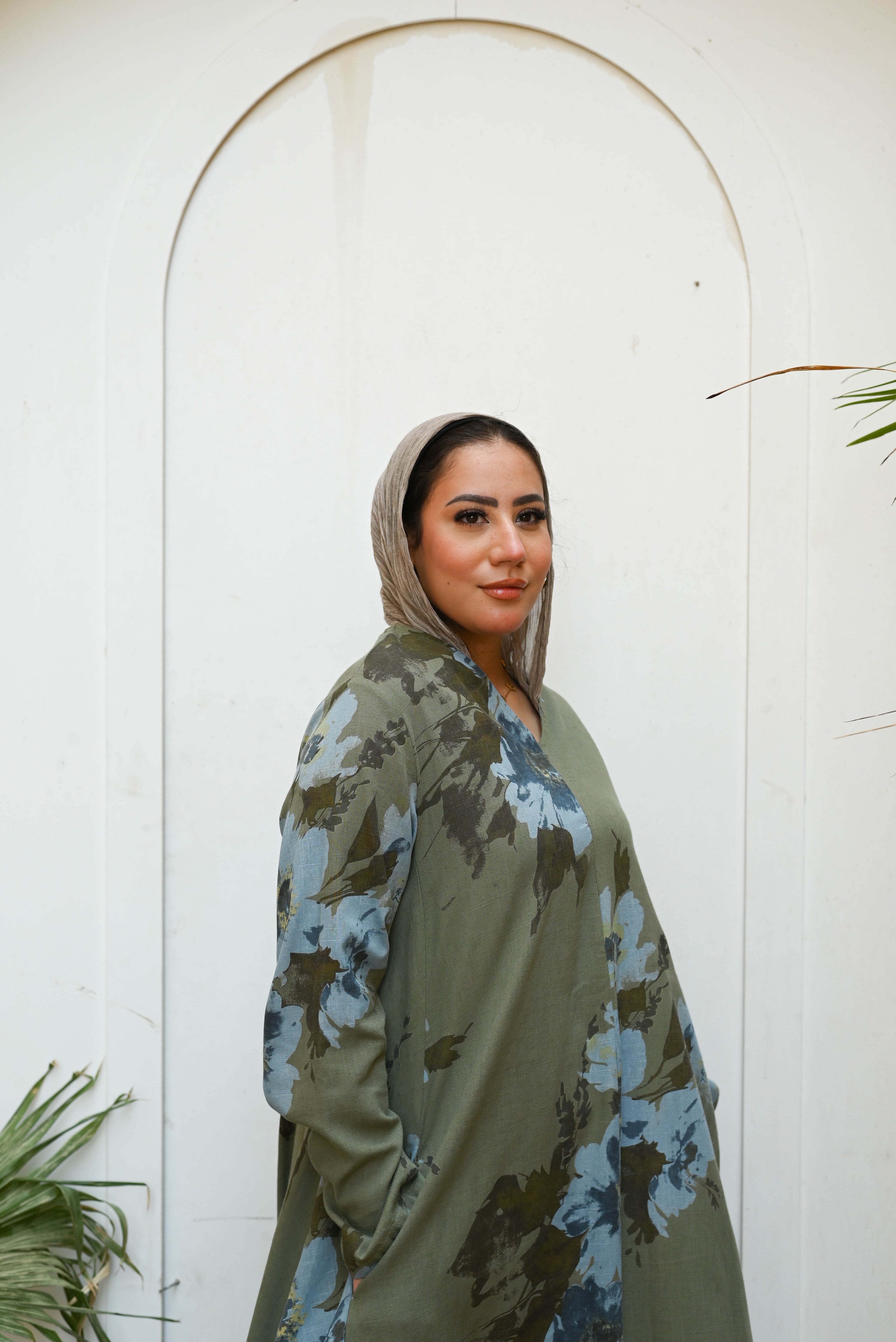 "Sage Blossom" Floral Long-Sleeve Maxi Dress with Pockets - Olive Green