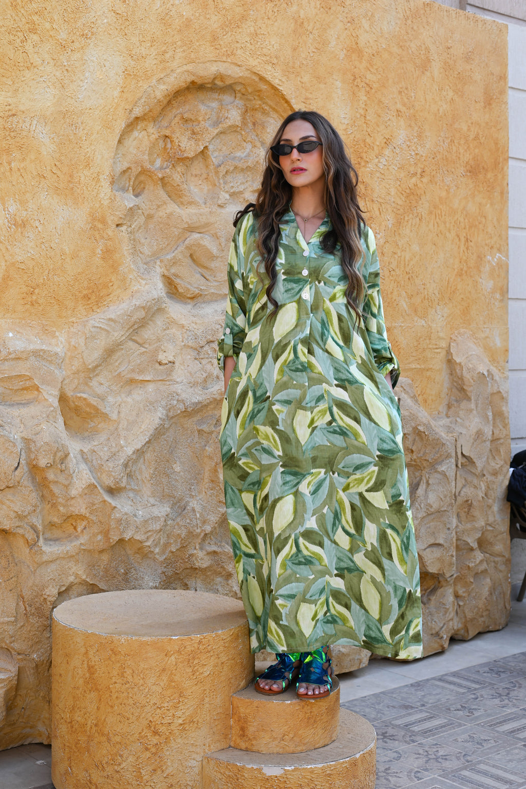 "Sage Flora" Vibrant Button-Front Maxi Dress - Shades of Green