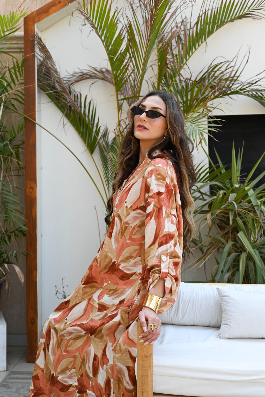 "Earthy Flora" Button-Front Maxi Dress with Pockets - Terracotta & Brown