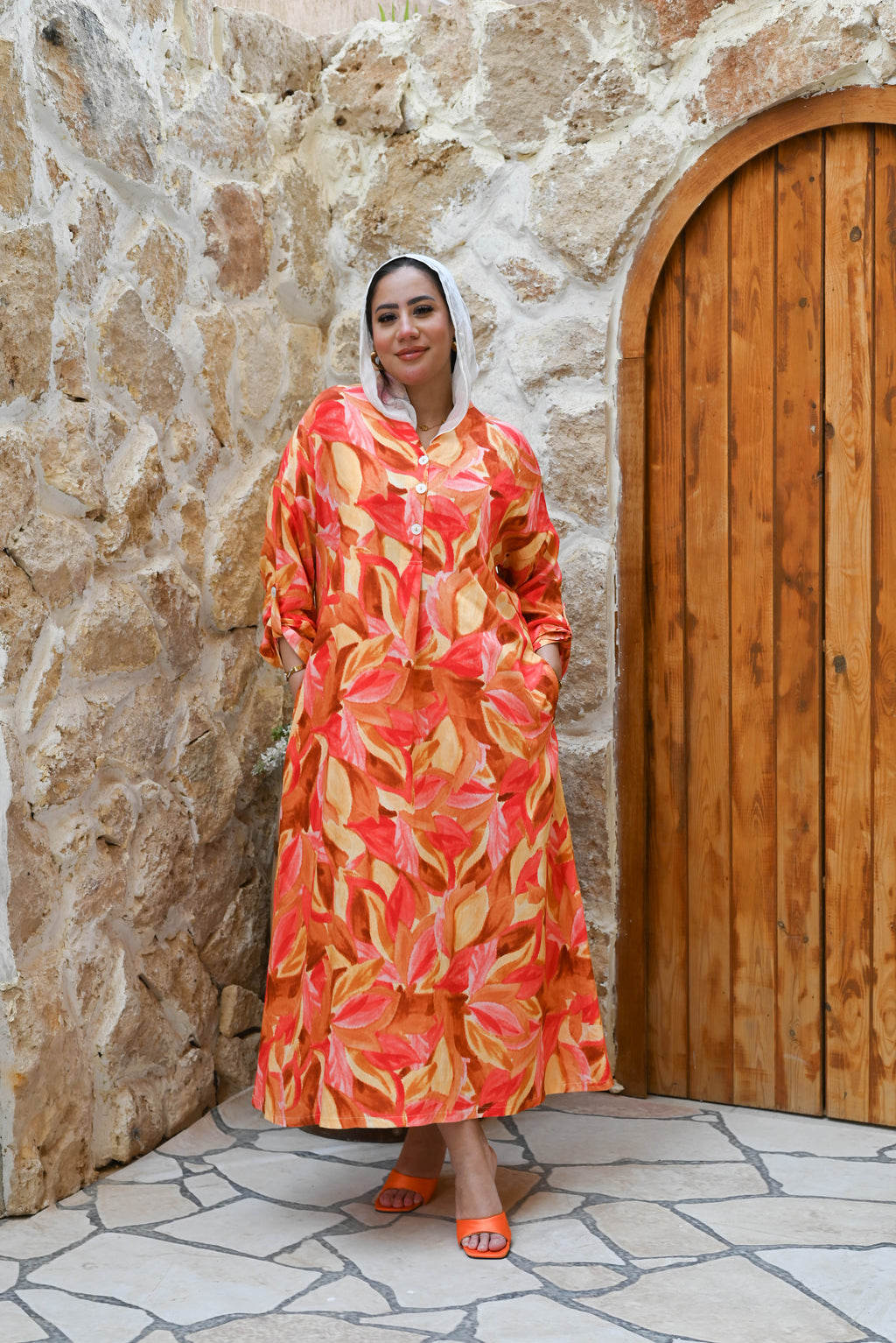 "Sunset Flora" Vibrant Button-Front Maxi Dress - Orange & Coral