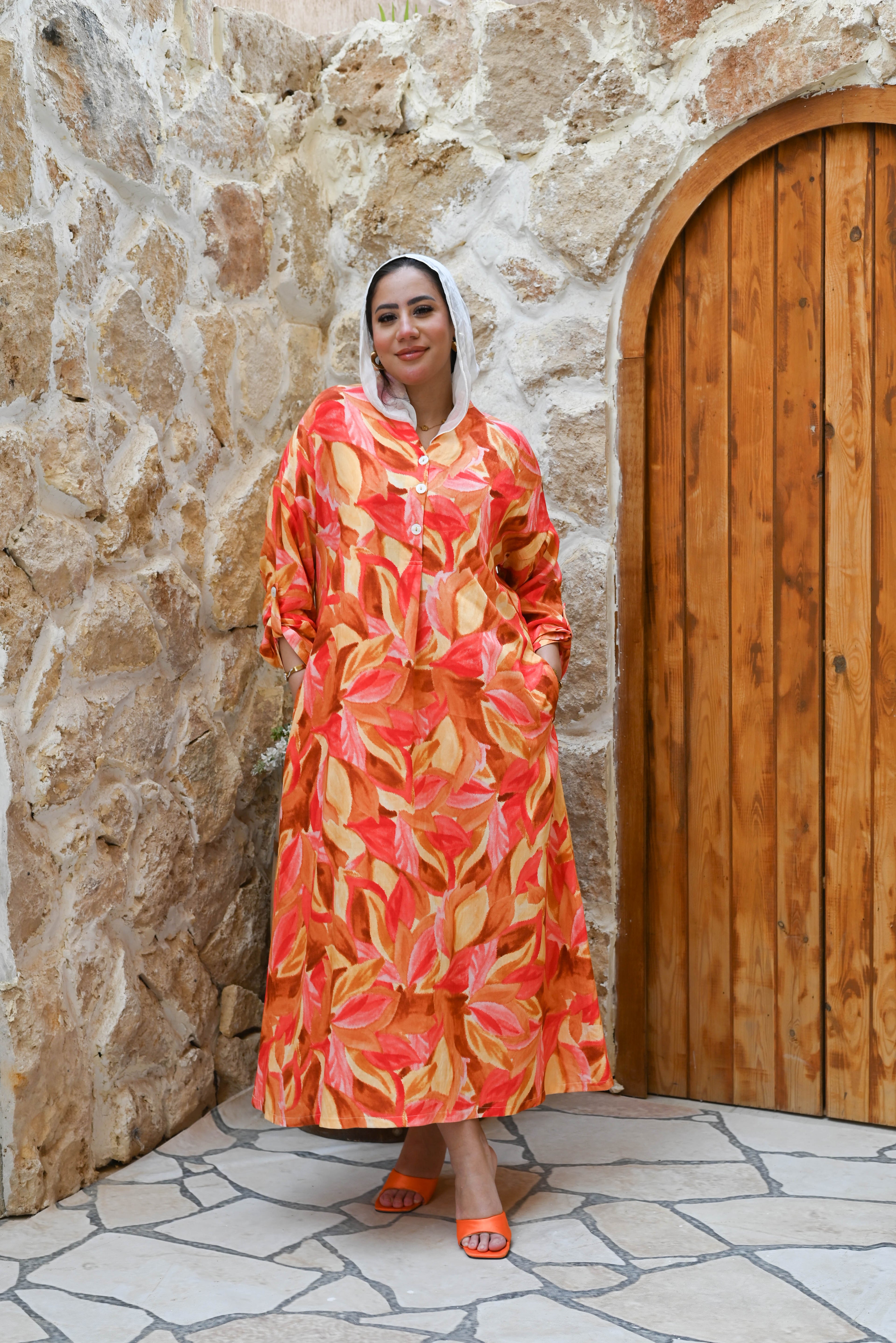 "Sunset Flora" Vibrant Button-Front Maxi Dress - Orange & Coral