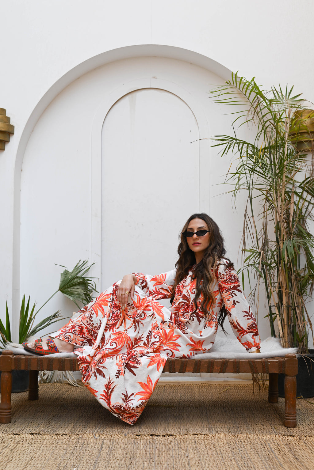 Amber Leaves Patterned Maxi Dress - Vibrant Orange & Terra-cotta