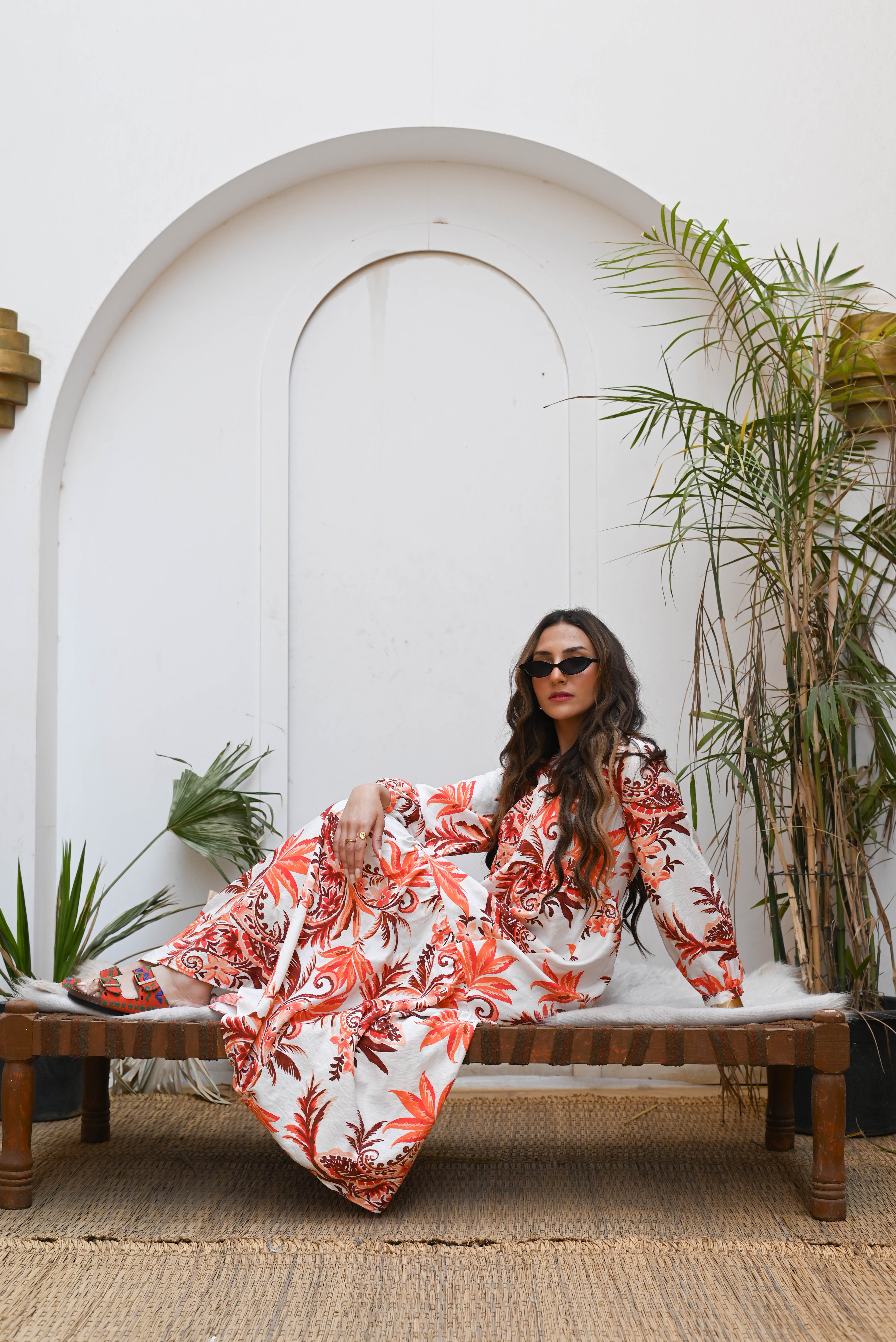 Amber Leaves Patterned Maxi Dress - Vibrant Orange & Terra-cotta