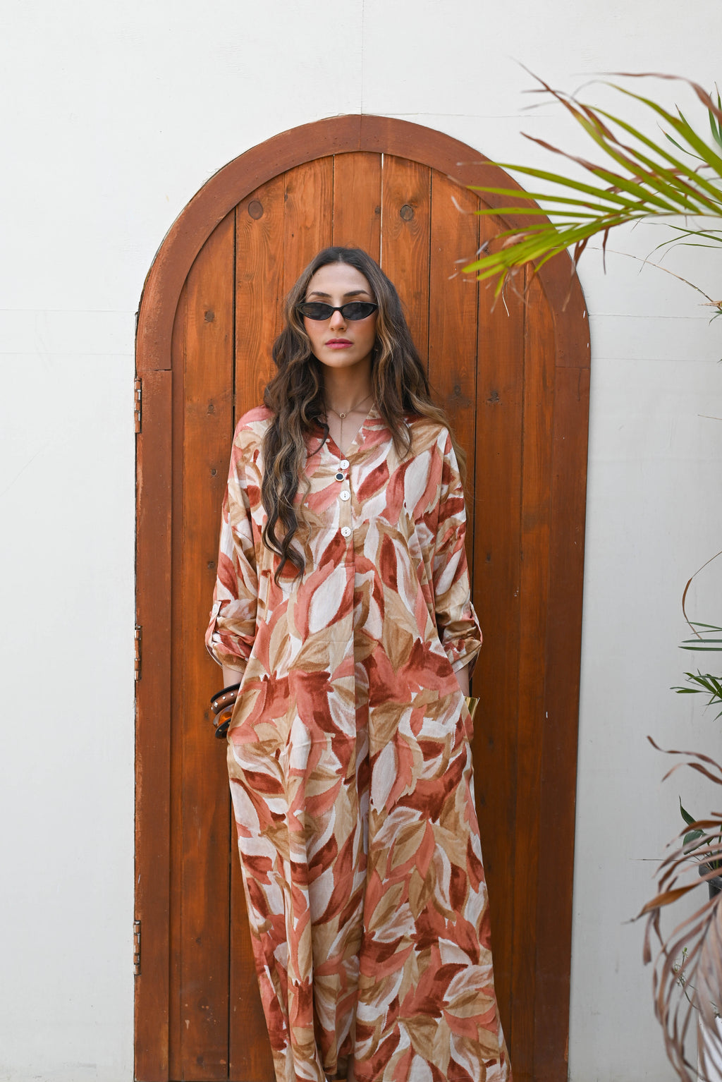 "Earthy Flora" Button-Front Maxi Dress with Pockets - Terracotta & Brown