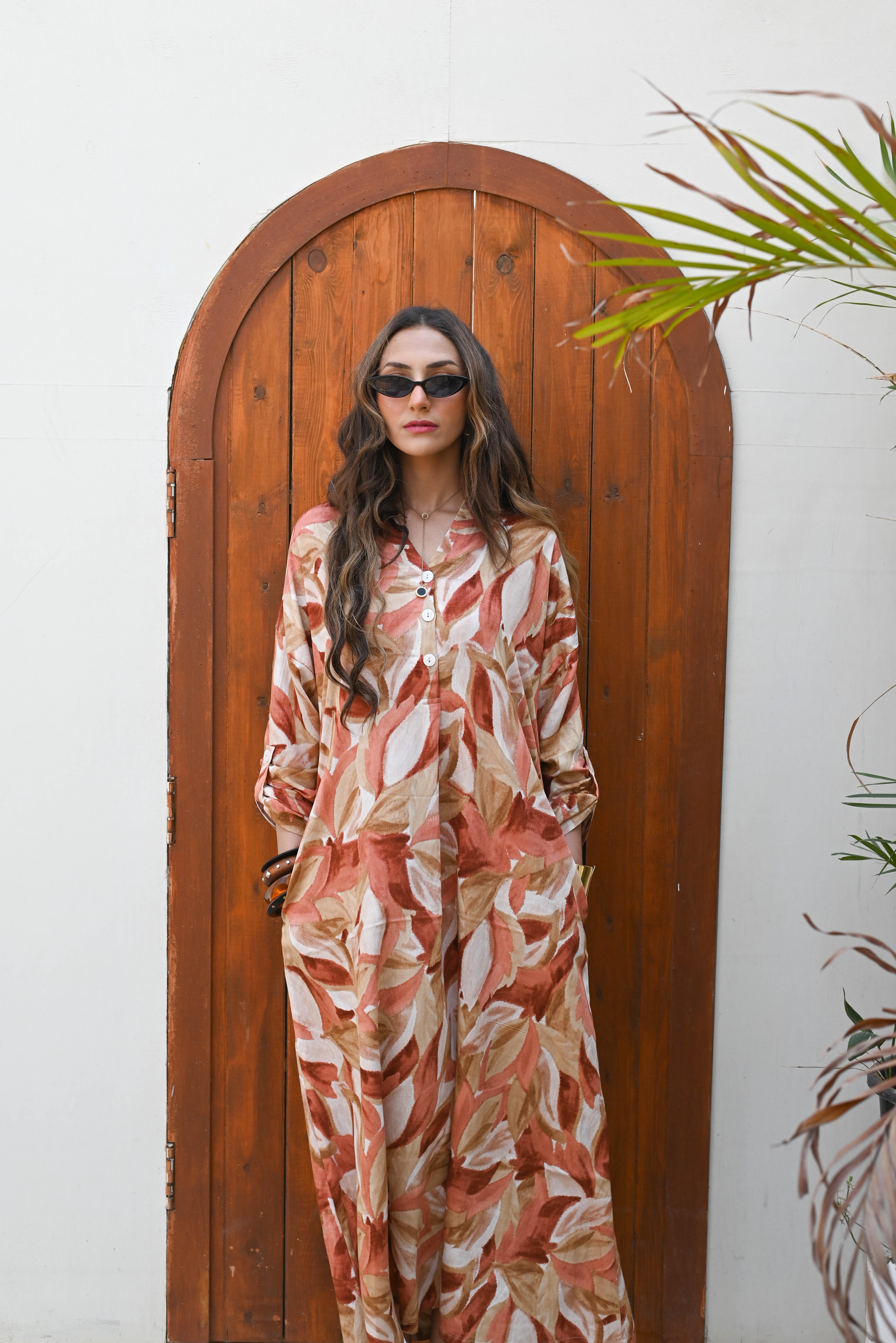 "Earthy Flora" Button-Front Maxi Dress with Pockets - Terracotta & Brown