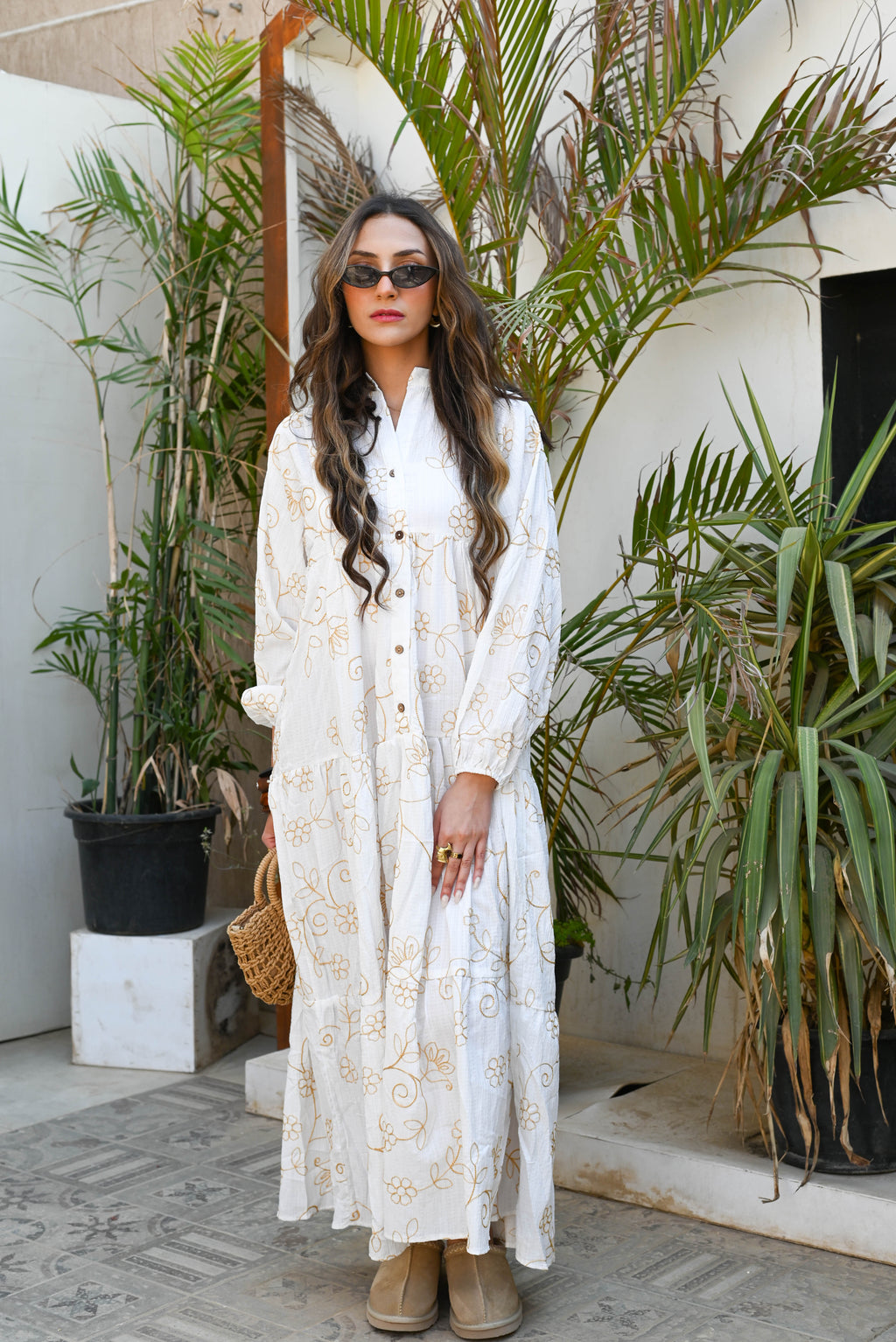 "Golden Bloom" Embroidered Boho Tiered Maxi Dress - White & Gold
