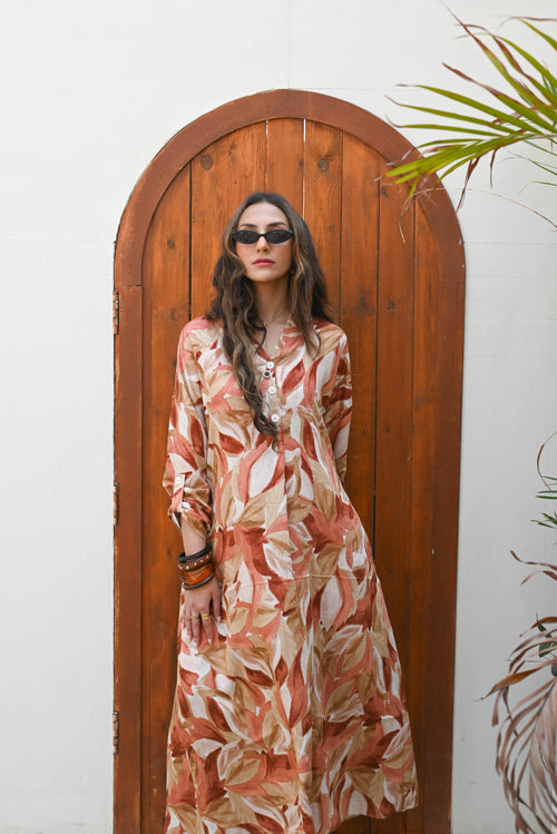 "Earthy Flora" Button-Front Maxi Dress with Pockets - Terracotta & Brown