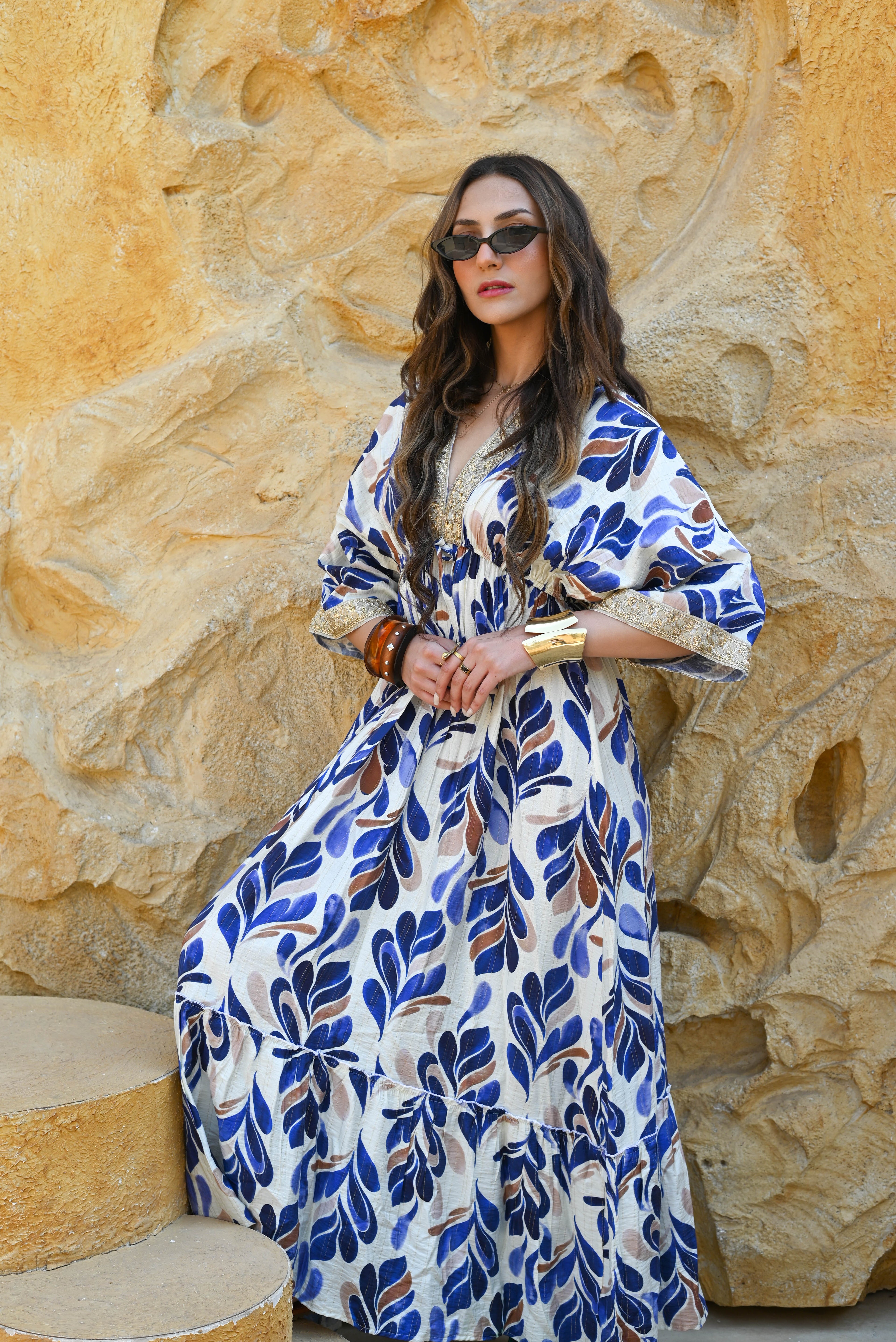 Leaf Print Boho Patterned Maxi Dress - Royal Blue & Brown