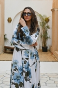 "Azure Blossom" Floral Long-Sleeve Maxi Dress - White & Blue