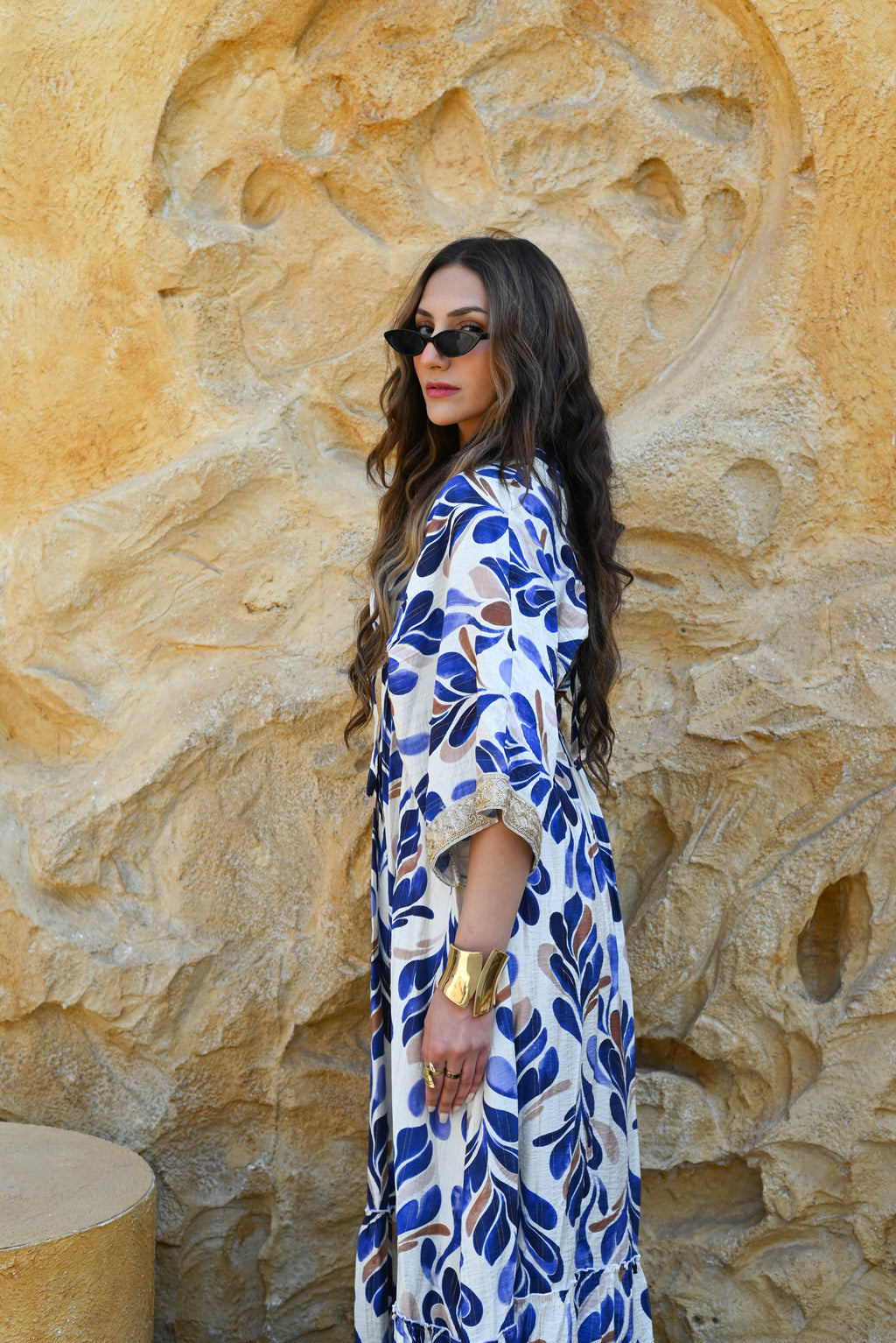 Leaf Print Boho Patterned Maxi Dress - Royal Blue & Brown