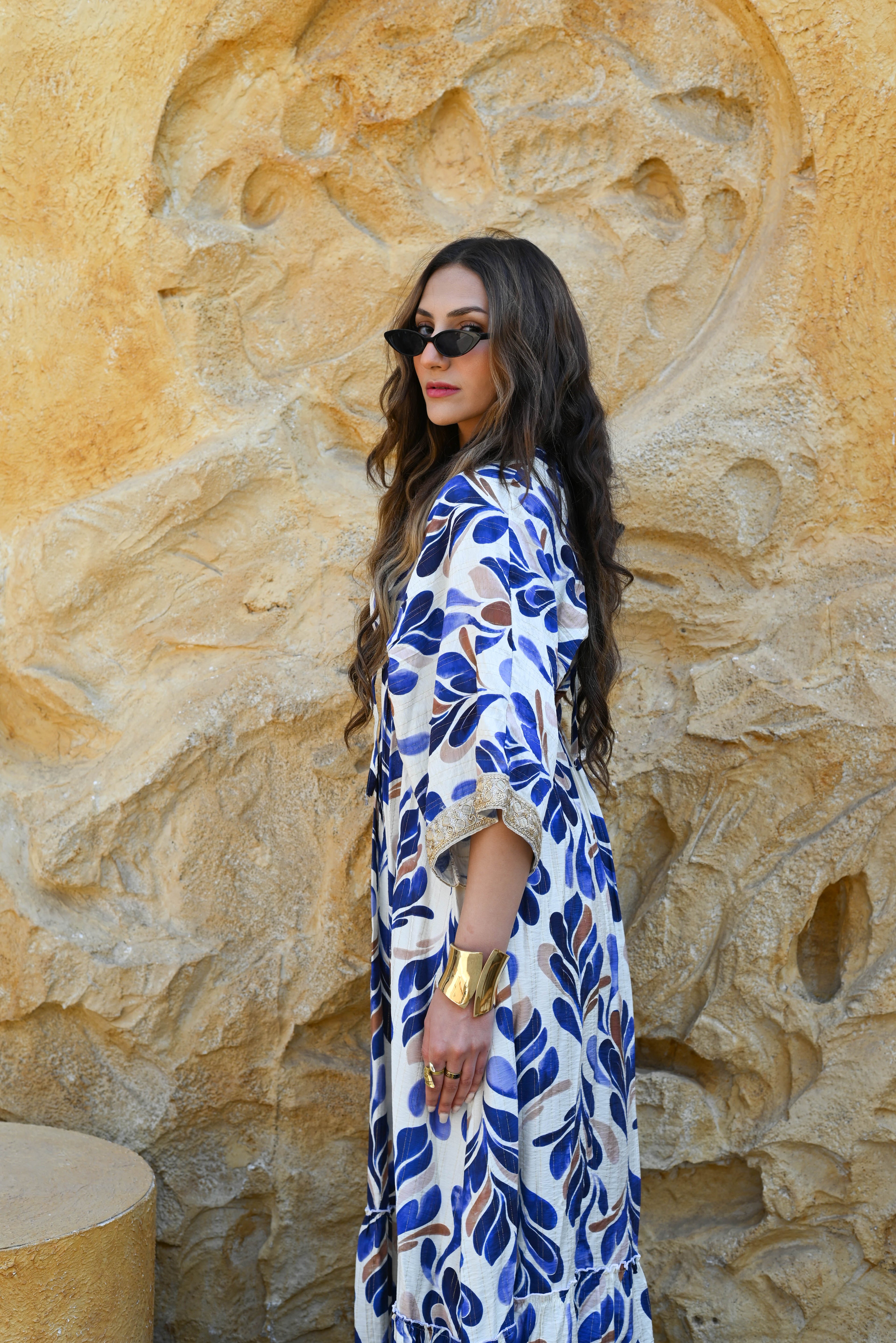 Leaf Print Boho Patterned Maxi Dress - Royal Blue & Brown