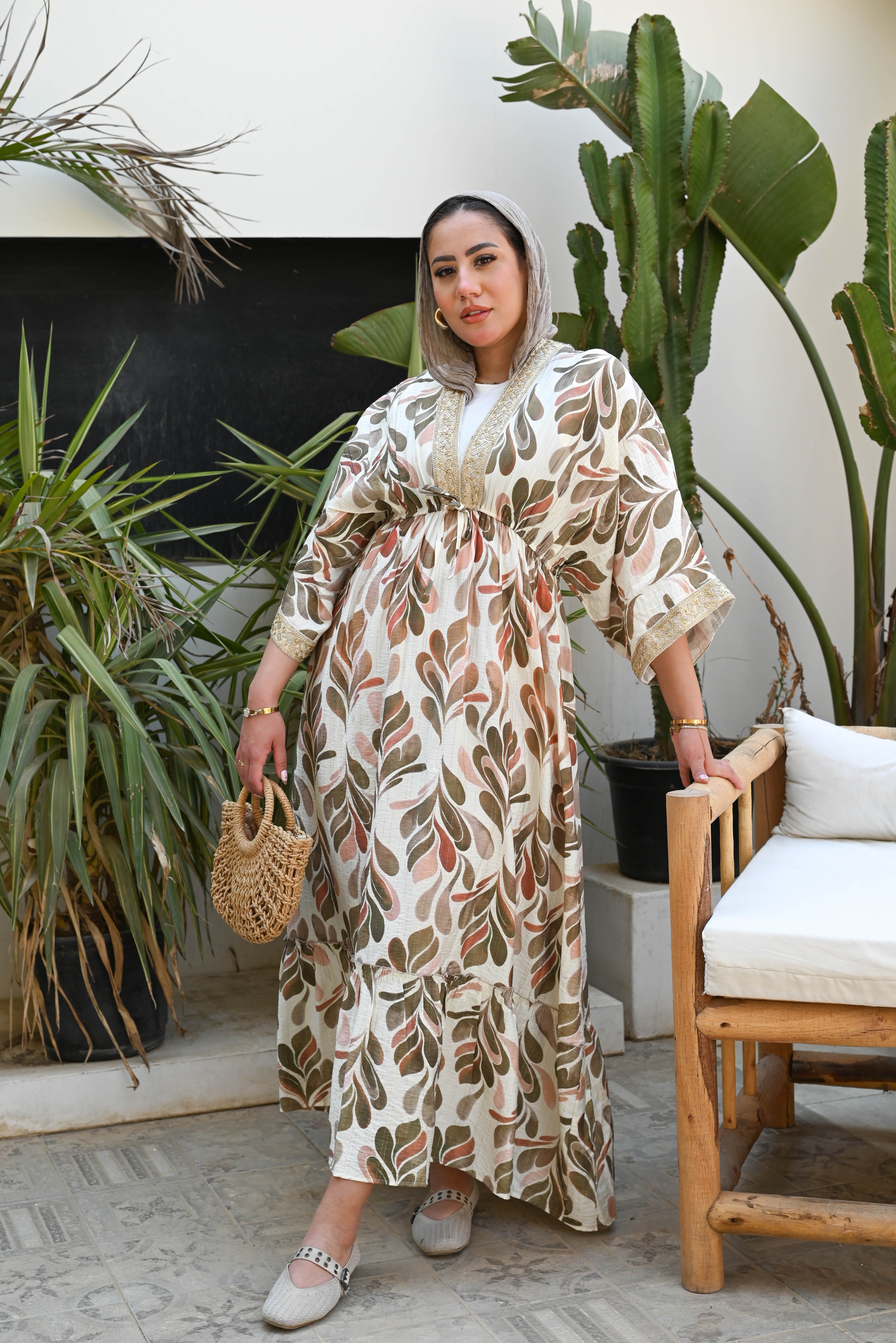 Product Title: "Earthy Botanica" Gold-Embroidered Boho Maxi Dress - Olive & Tan