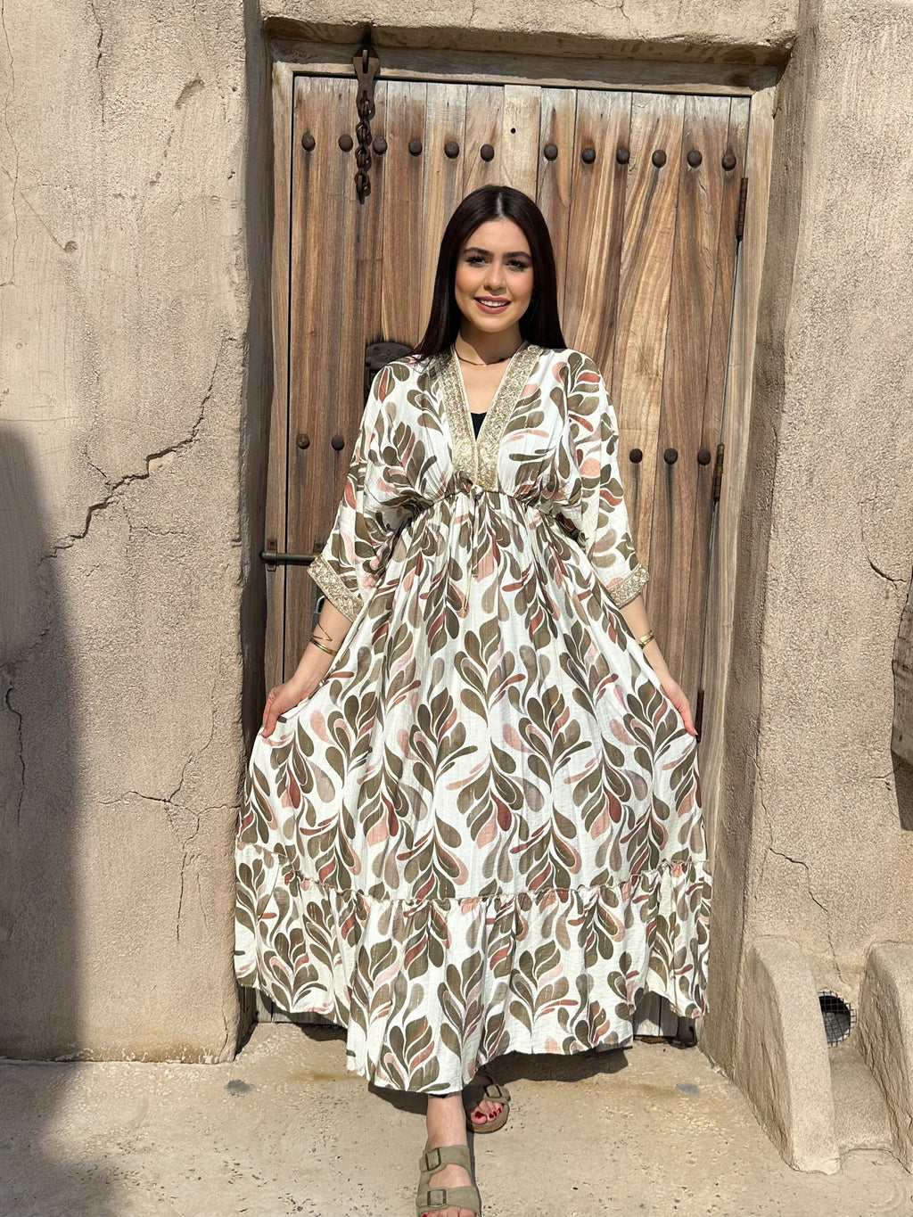 Botanical Gold" Leaf Print Maxi Dress - Earthy Olive