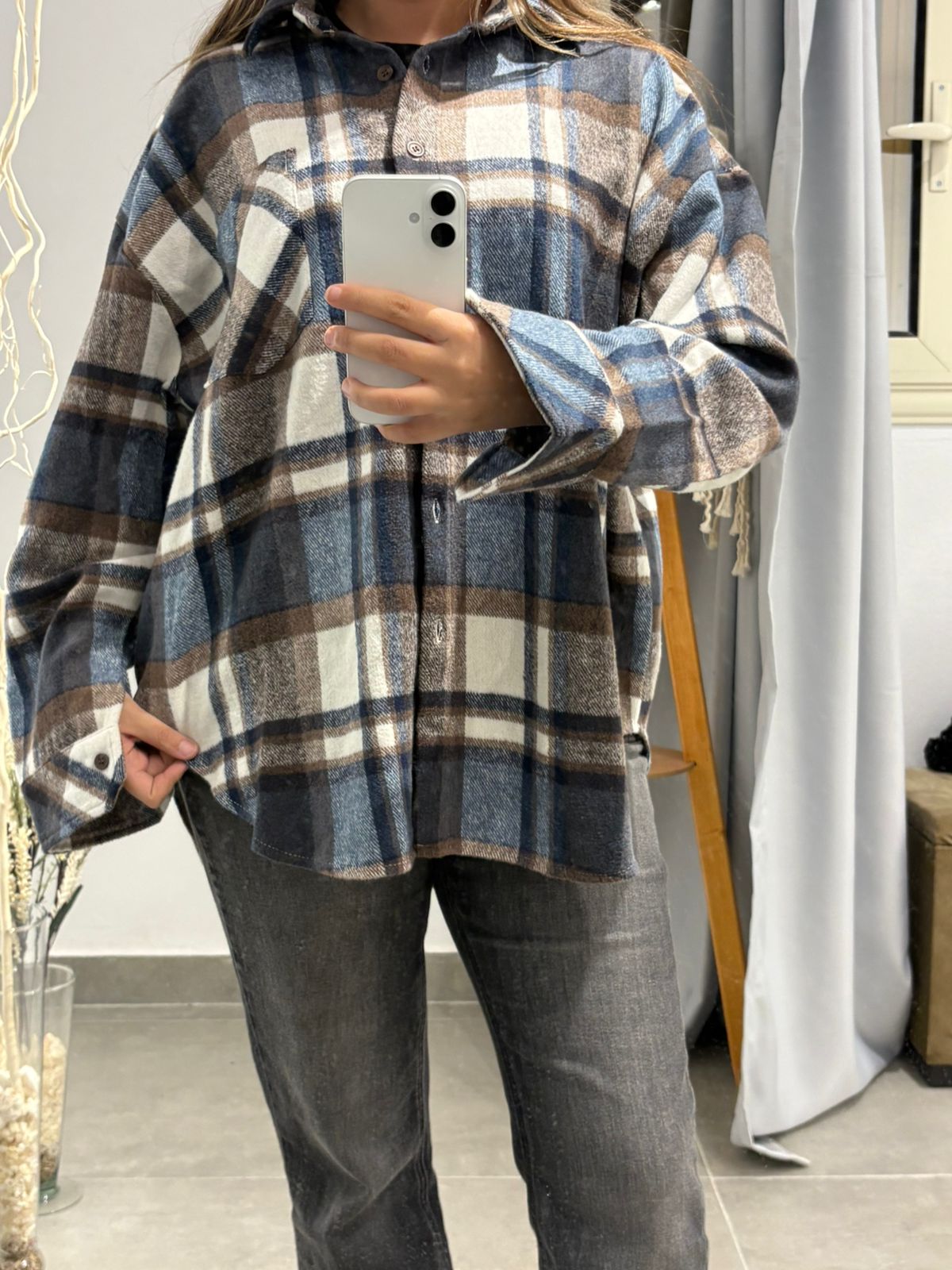 قميص أوفر سايزد صوف كاروهات أوفر سايز (أزرق وبني)