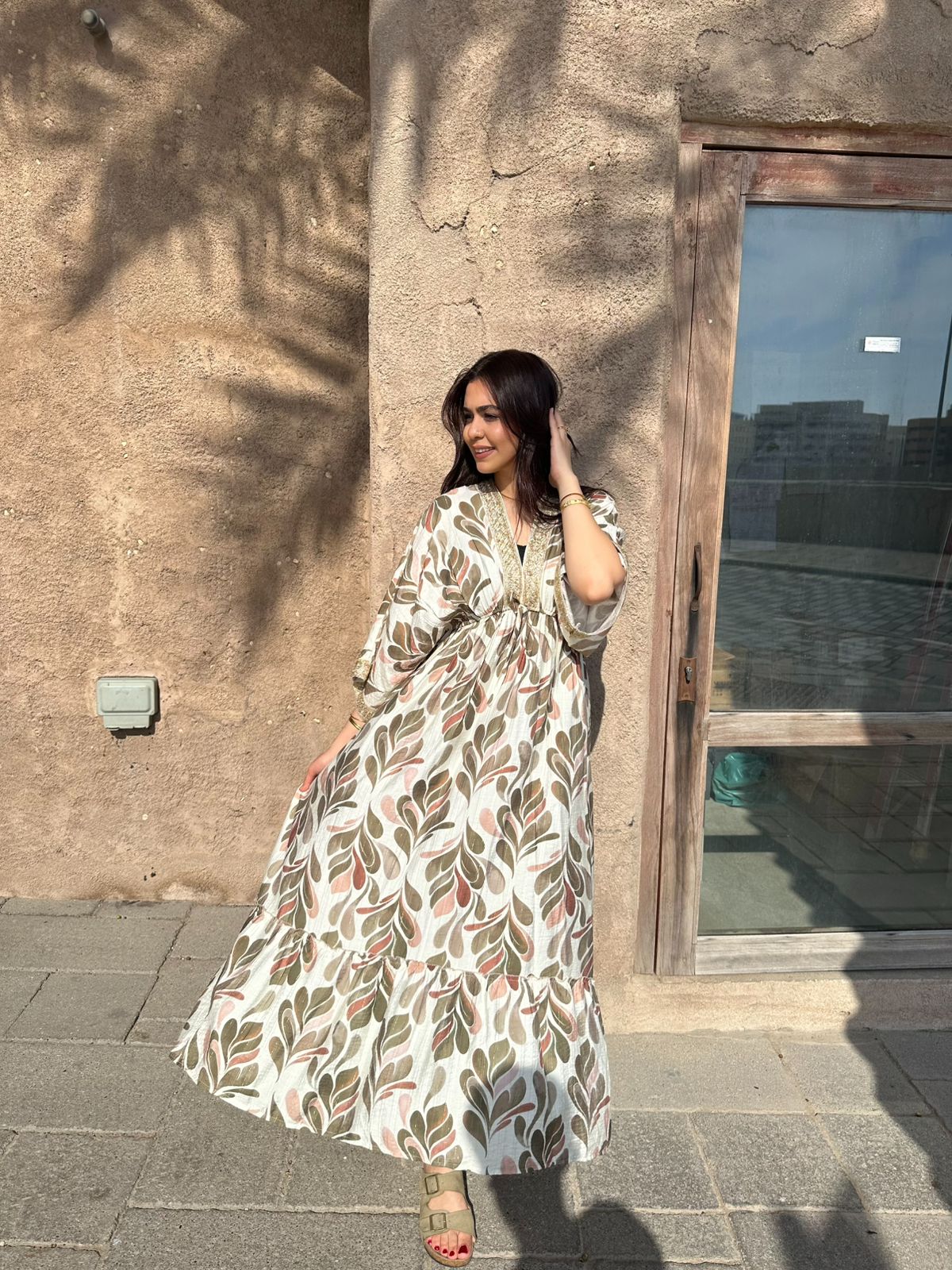 Botanical Gold" Leaf Print Maxi Dress - Earthy Olive
