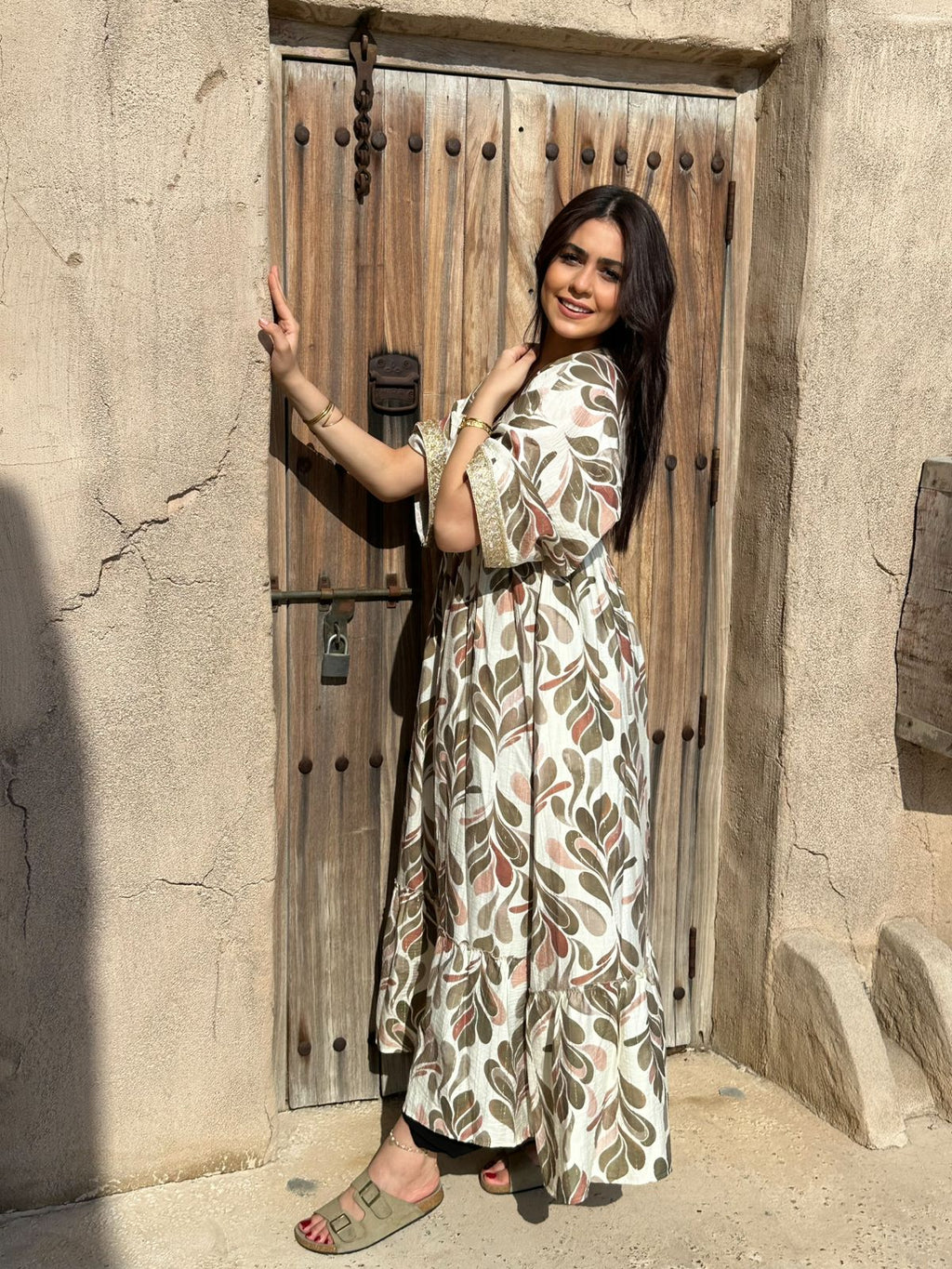 Botanical Gold" Leaf Print Maxi Dress - Earthy Olive