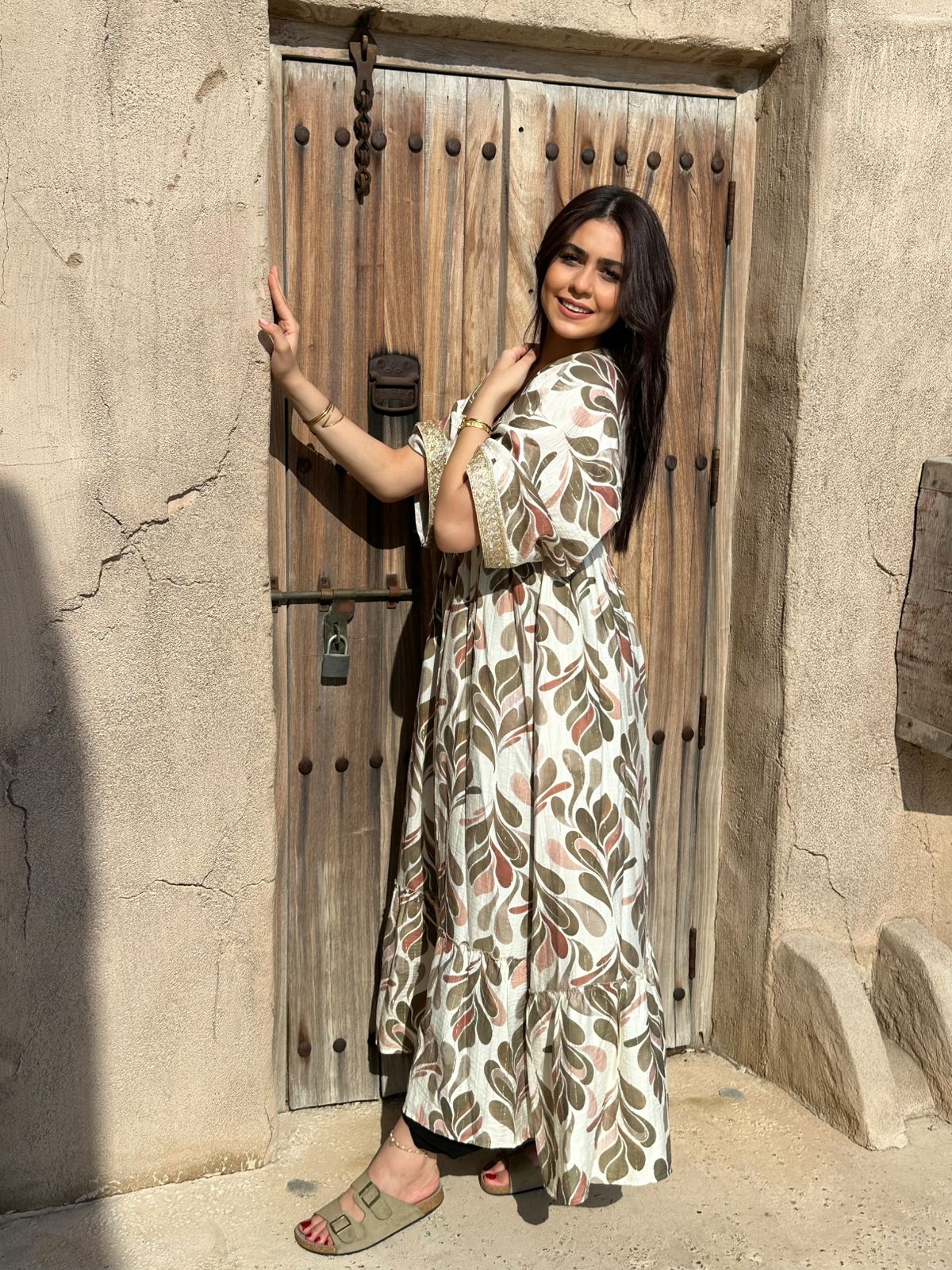 Botanical Gold" Leaf Print Maxi Dress - Earthy Olive