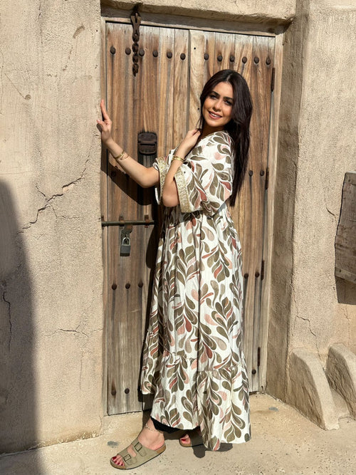 Botanical Gold" Leaf Print Maxi Dress - Earthy Olive