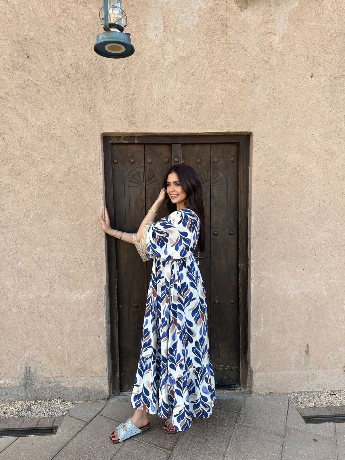 Leaf Print Boho Patterned Maxi Dress - Royal Blue & Brown